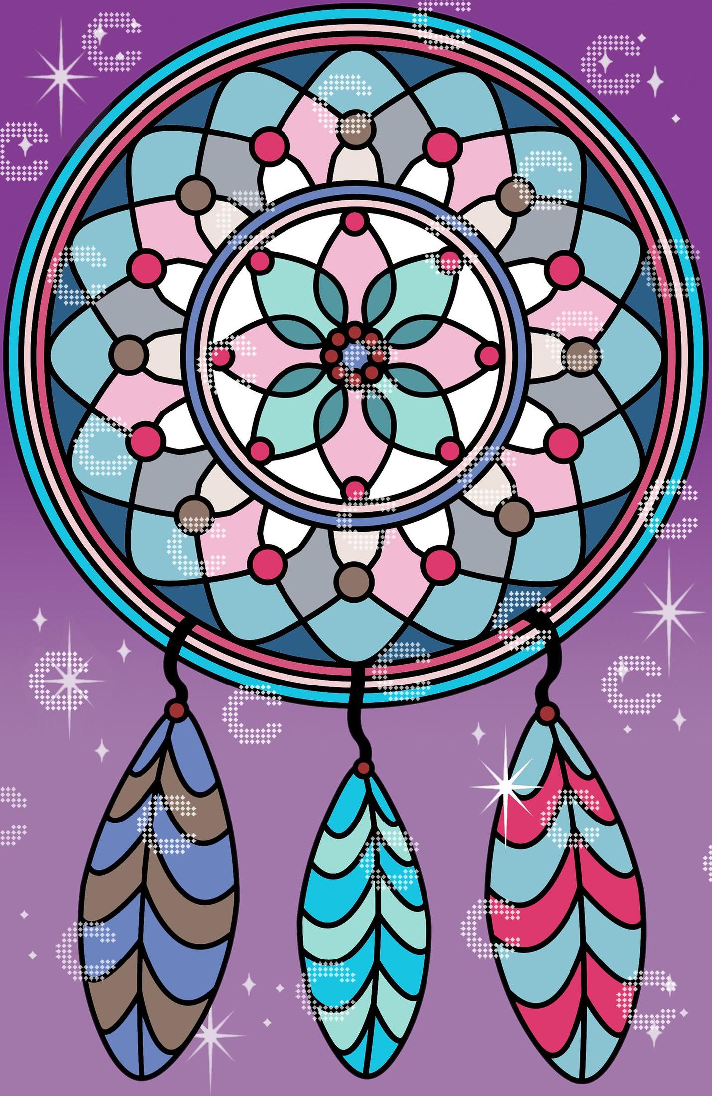 Diamond Painting Traumfänger im kunstvollen Mandala-Design mit drei dekorativen Federn