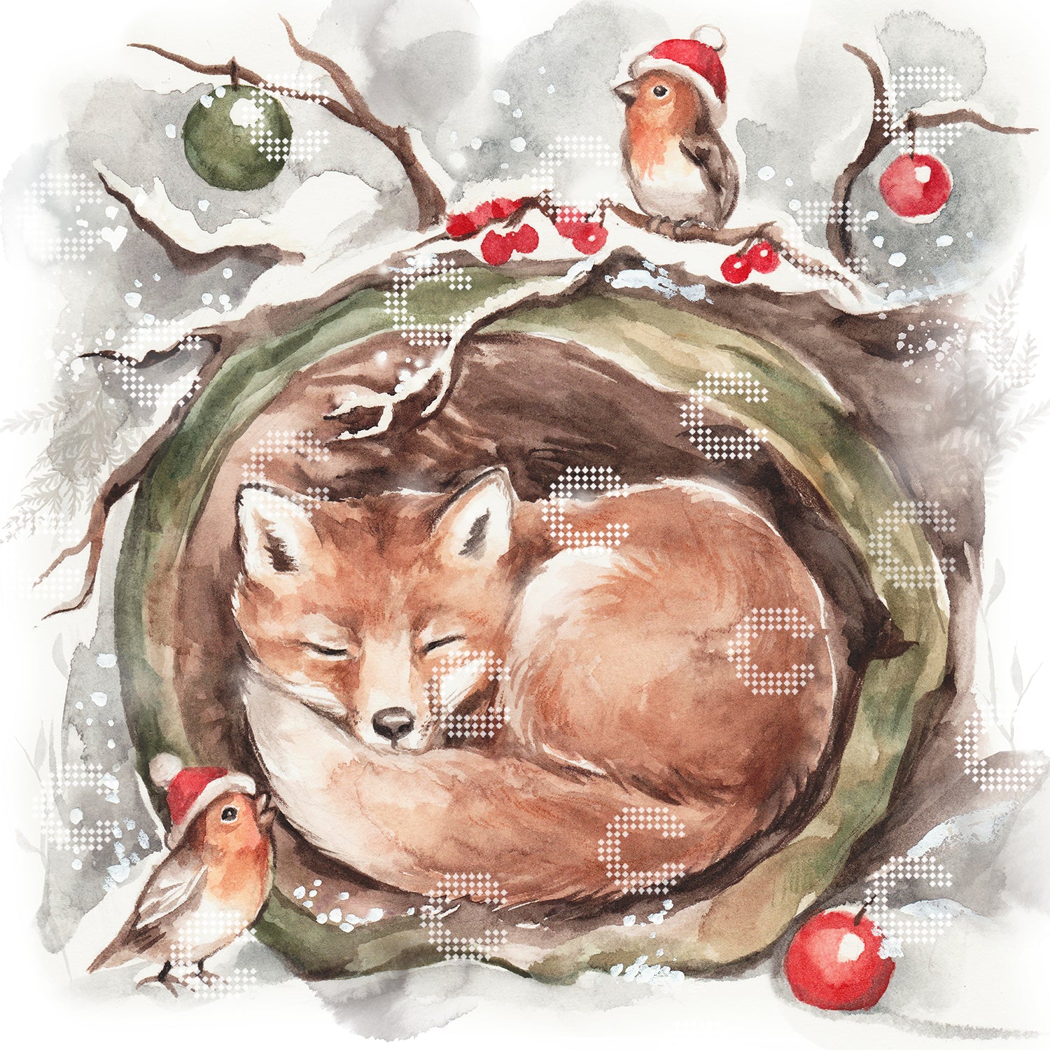 Diamond Painting kleiner Fuchs, der es sich warm und gemütlich in seinem Bau bequem gemacht hat und vom Weihnachtsfest träumt, während draußen Schneeflocken fallen und Rotkehlchen mit kleinen Weihnachtsmützen auf mit Kugeln und Beeren geschmückten Ästen sitzen