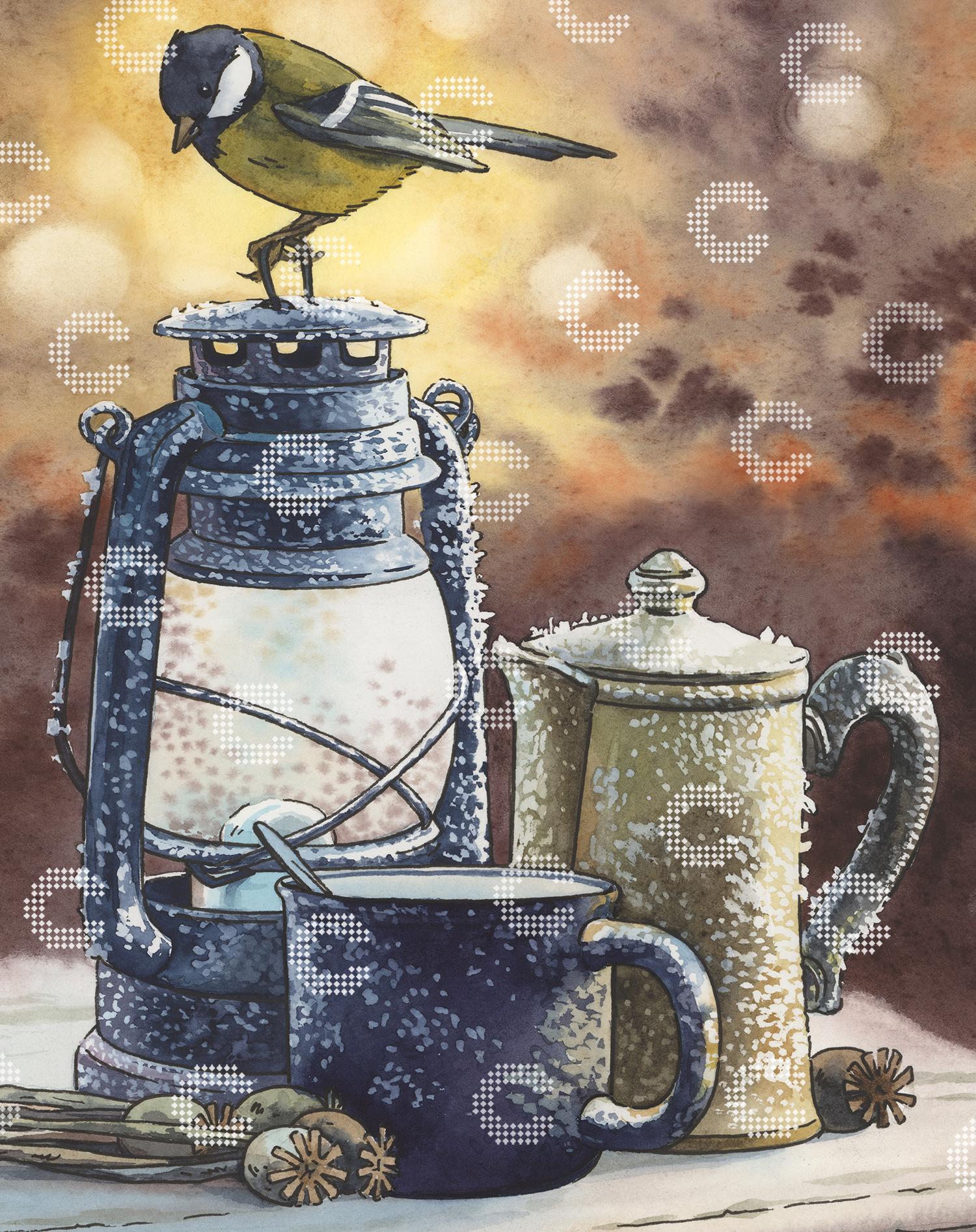 Diamond Painting kleine Meise an einem frostigen Wintermorgen mit Tasse, Kanne und Laterne in stimmungsvoller Naturkulisse