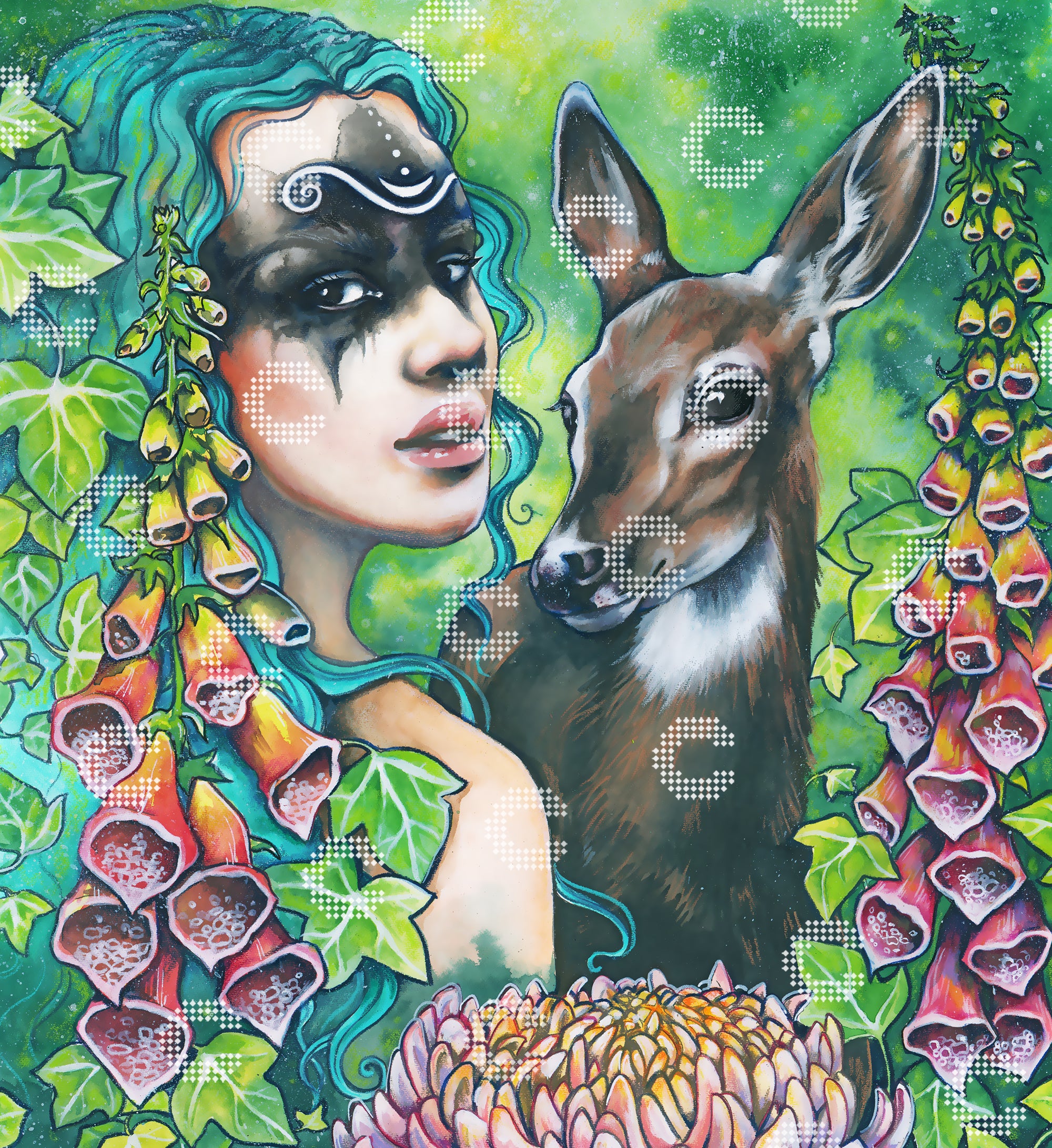 Diamond Painting Alvara mit tierischer Begleiterin im Wald, umgeben von zahlreichen Blumen und mystischen Naturmotiven