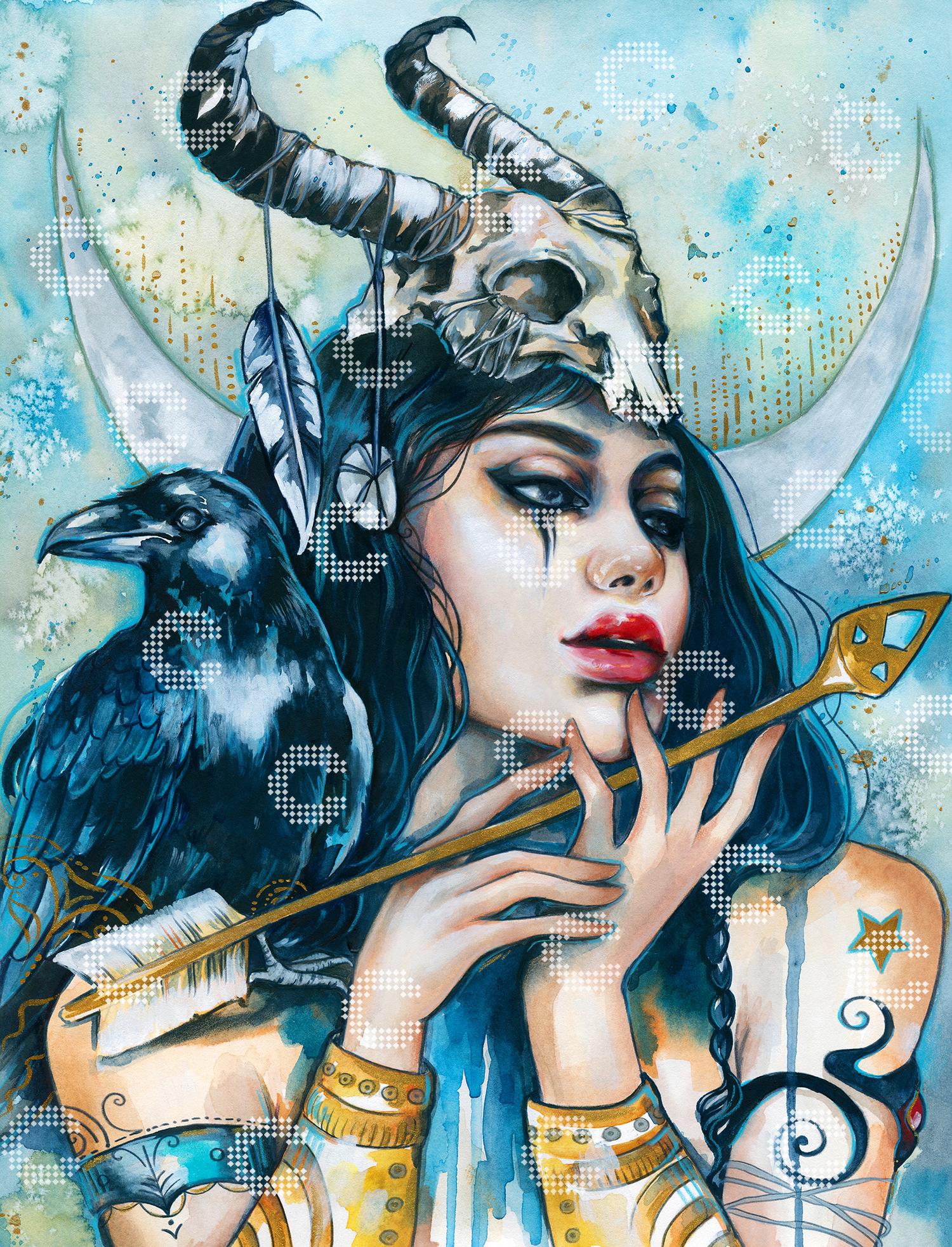 Diamond Painting Artemis mit Rabe auf der Schulter und goldenem Pfeil in der Hand, inspiriert von der griechischen Göttin der Jagd und des Waldes