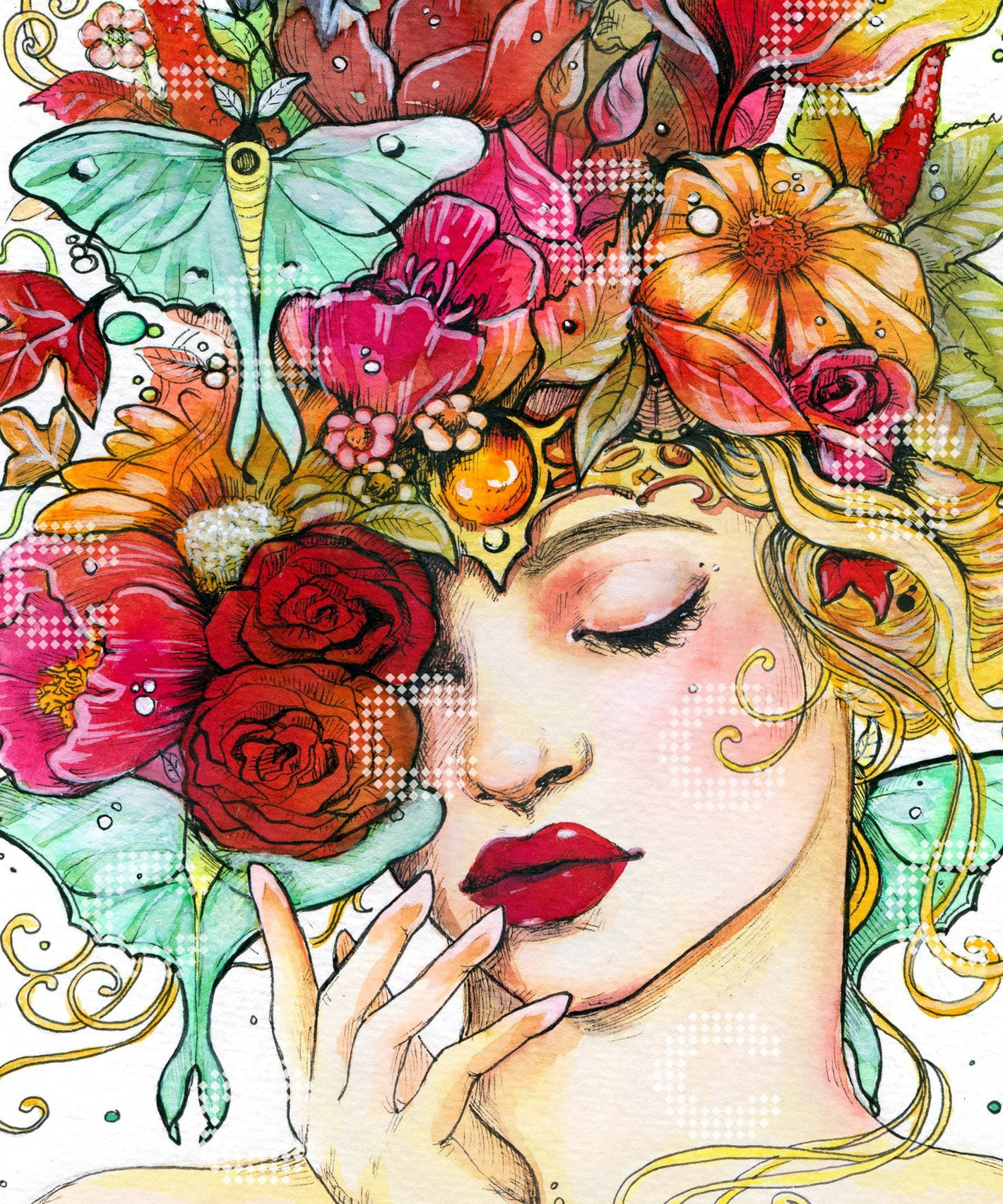 Diamond Painting verträumtes Mädchenportrait unter einer üppigen Blumenkrone mit farbenfrohen Blüten und Nachtfaltern