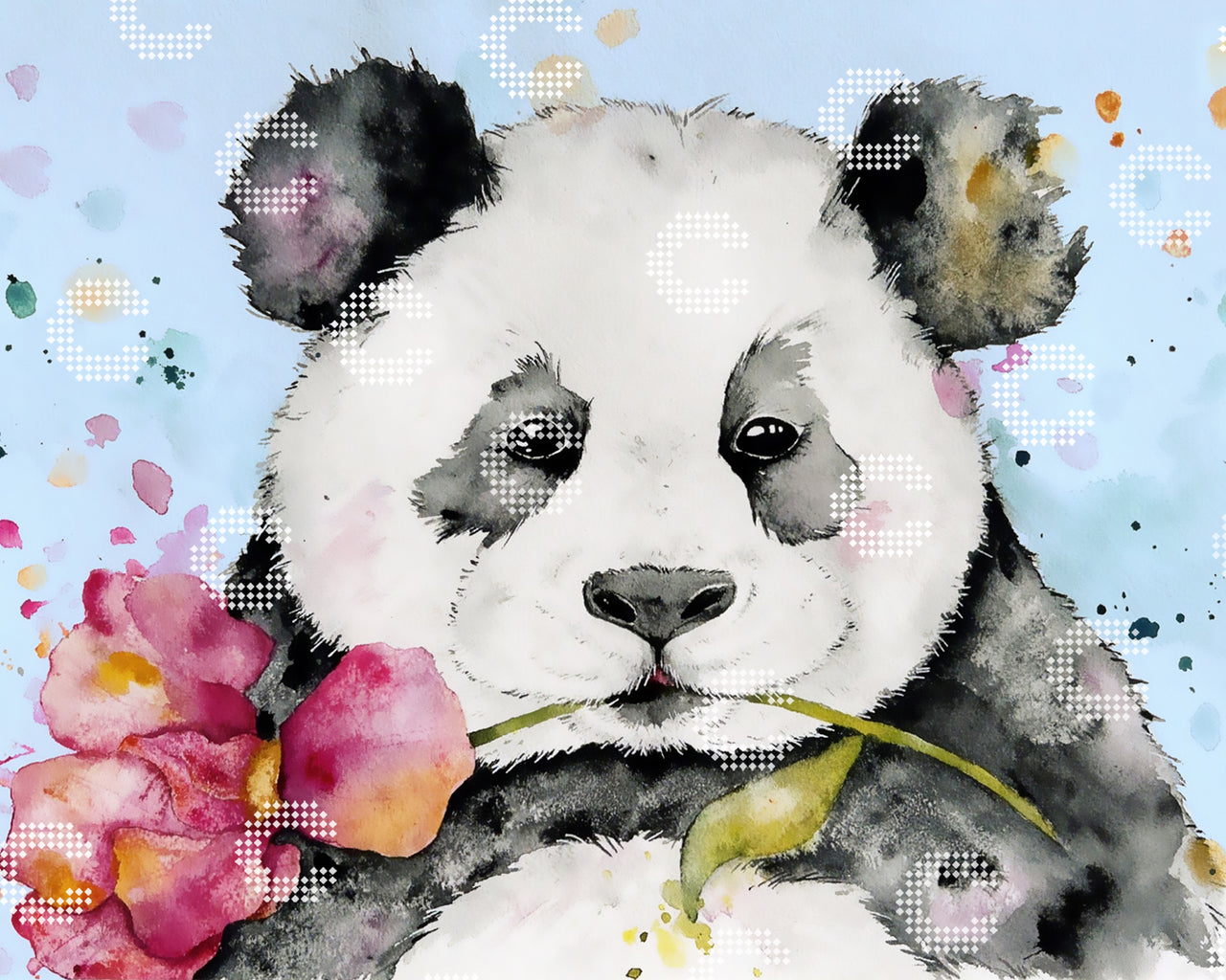 Diamond Painting Originalmotiv mit einem niedlichen Pandabären, der eine große Blüte in Pink- und Goldtönen im Maul hält, vor hellblauem Hintergrund mit bunten Konfetti-Spritzern