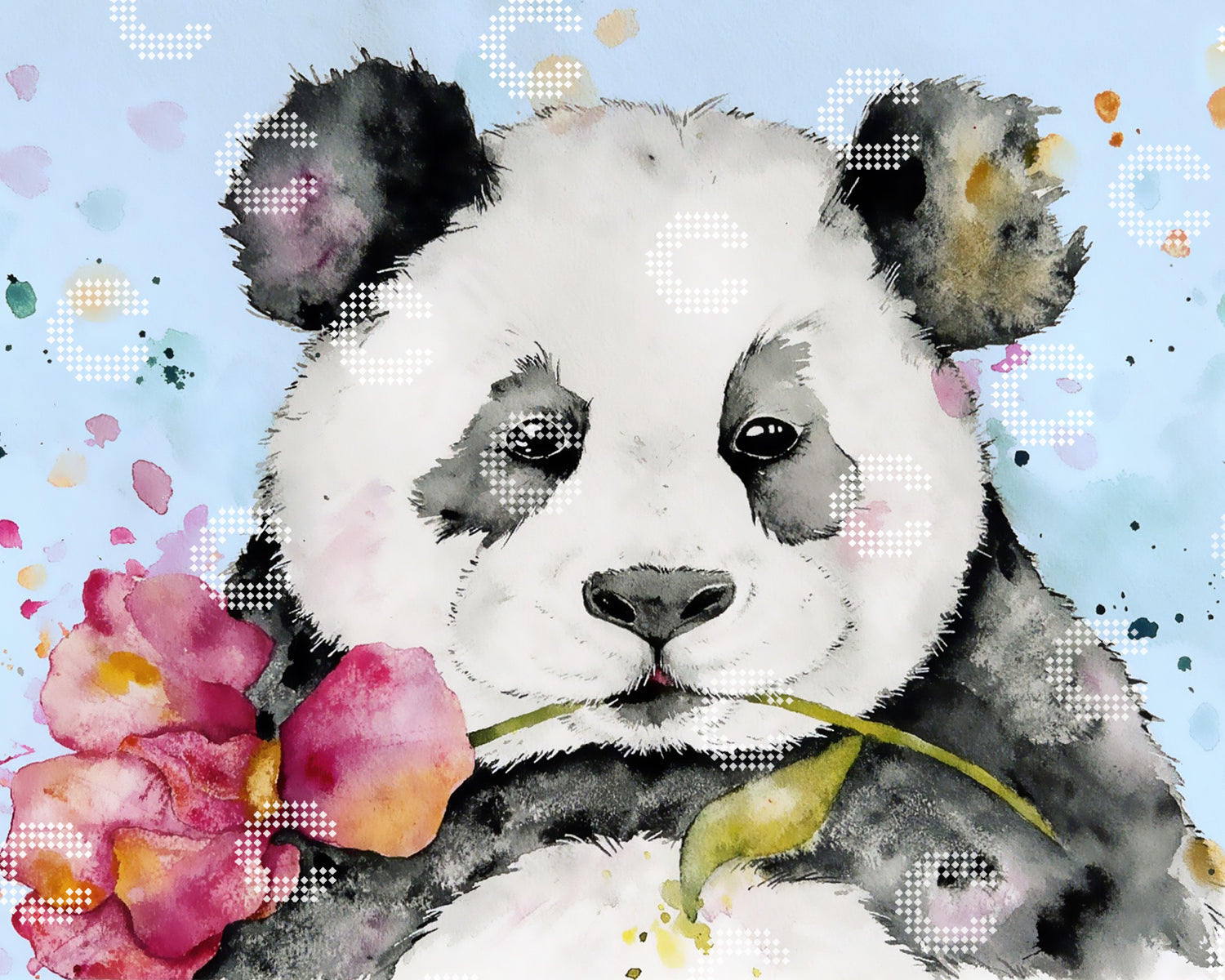 Diamond Painting Originalmotiv mit einem niedlichen Pandabären, der eine große Blüte in Pink- und Goldtönen im Maul hält, vor hellblauem Hintergrund mit bunten Konfetti-Spritzern