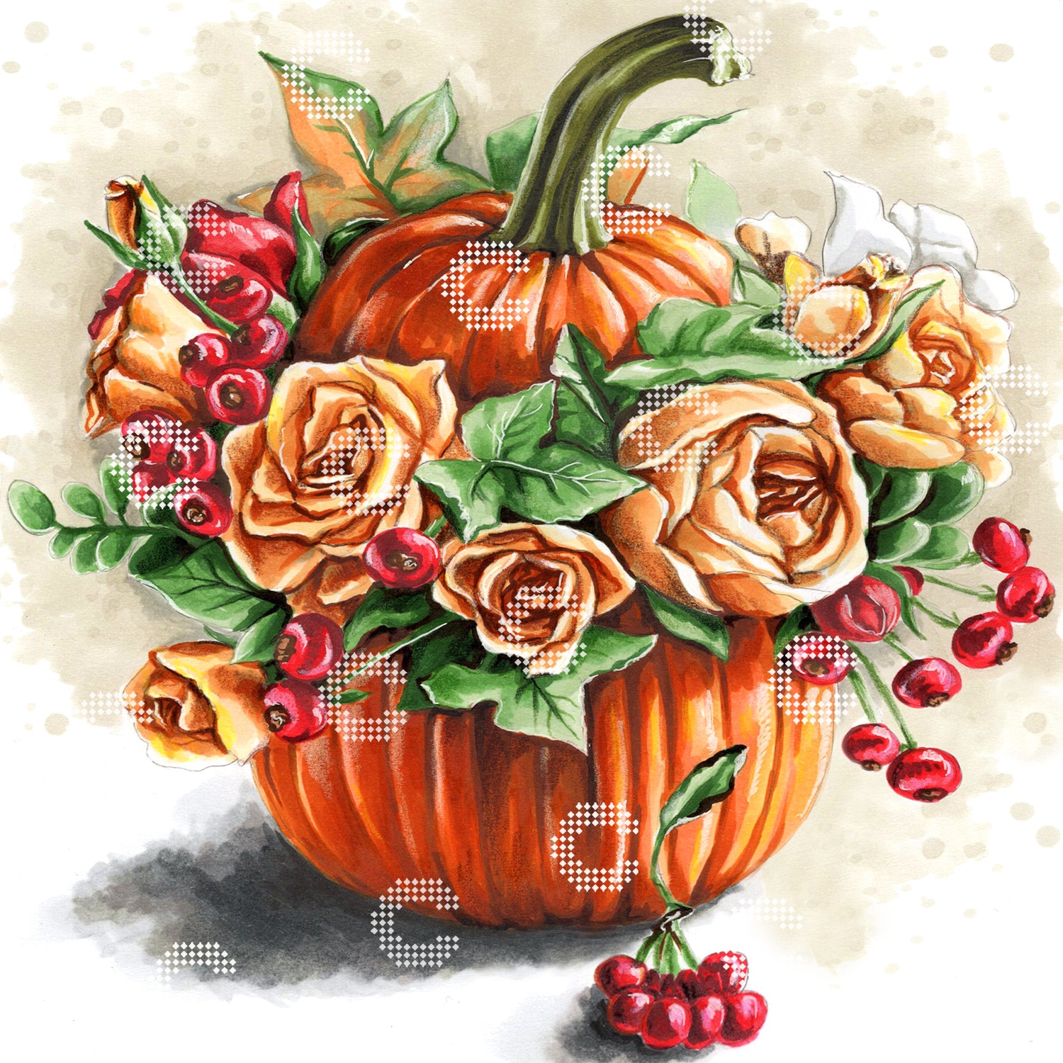 Diamond Painting Original-Kunstwerk eines Kürbis mit Blumen, Beeren und herbstlichem Design