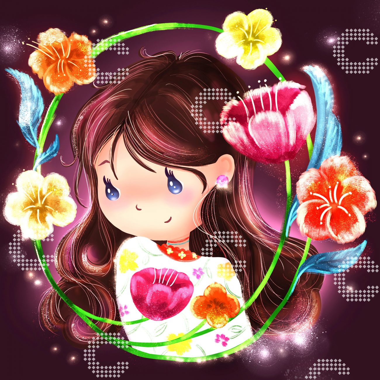 Diamond Painting Mädchenportrait mit schüchternem Blick, umgeben von üppigen Blumen und zarten Blüten