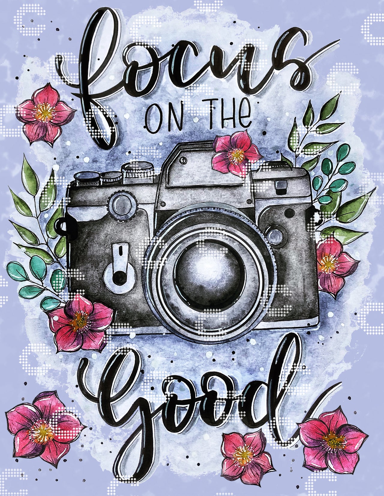 Diamond Painting Kamera mit Blumen und Schriftzug „Focus on the Good“