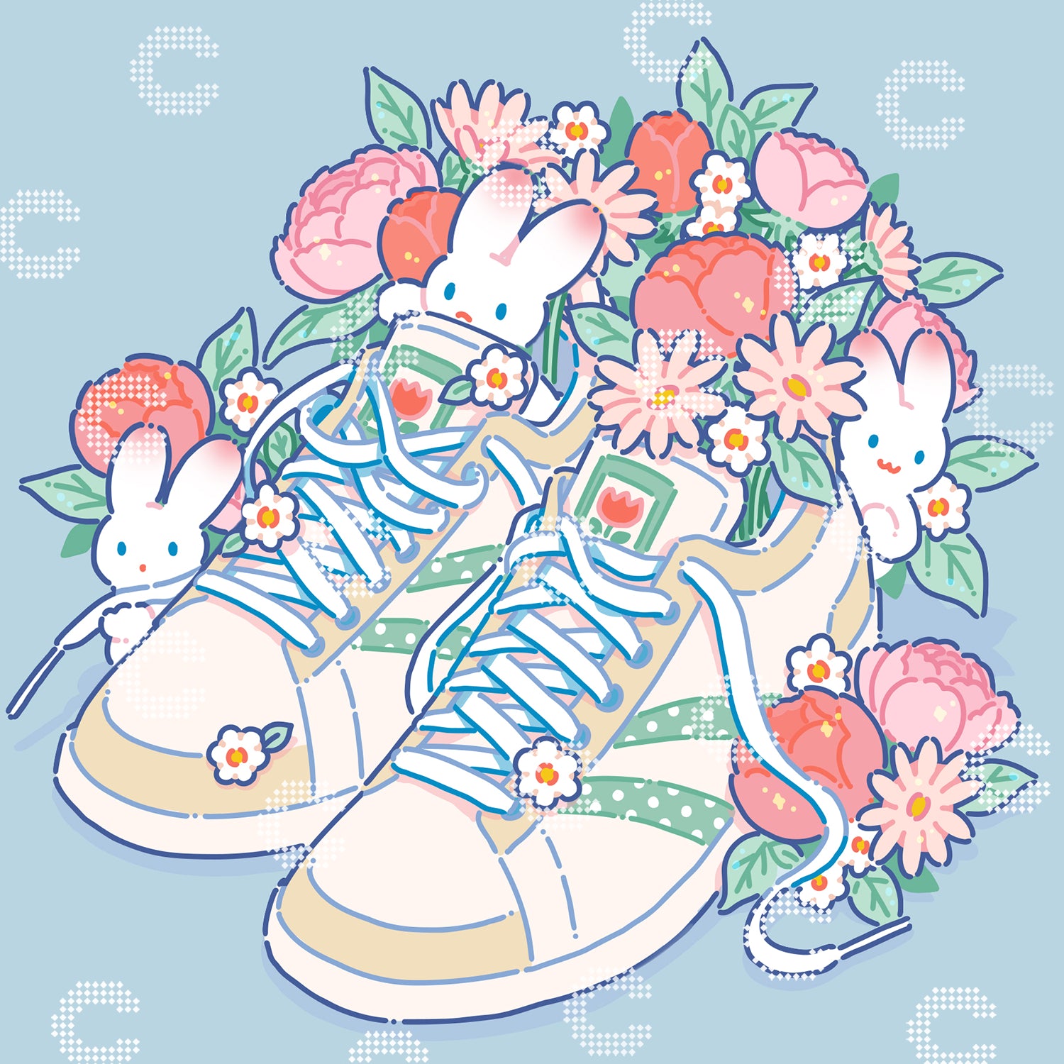 Diamond Painting von Hiroko mit verzauberten Sneakers, aus denen Blumen wachsen und kleine Häschen darin hervorschauen