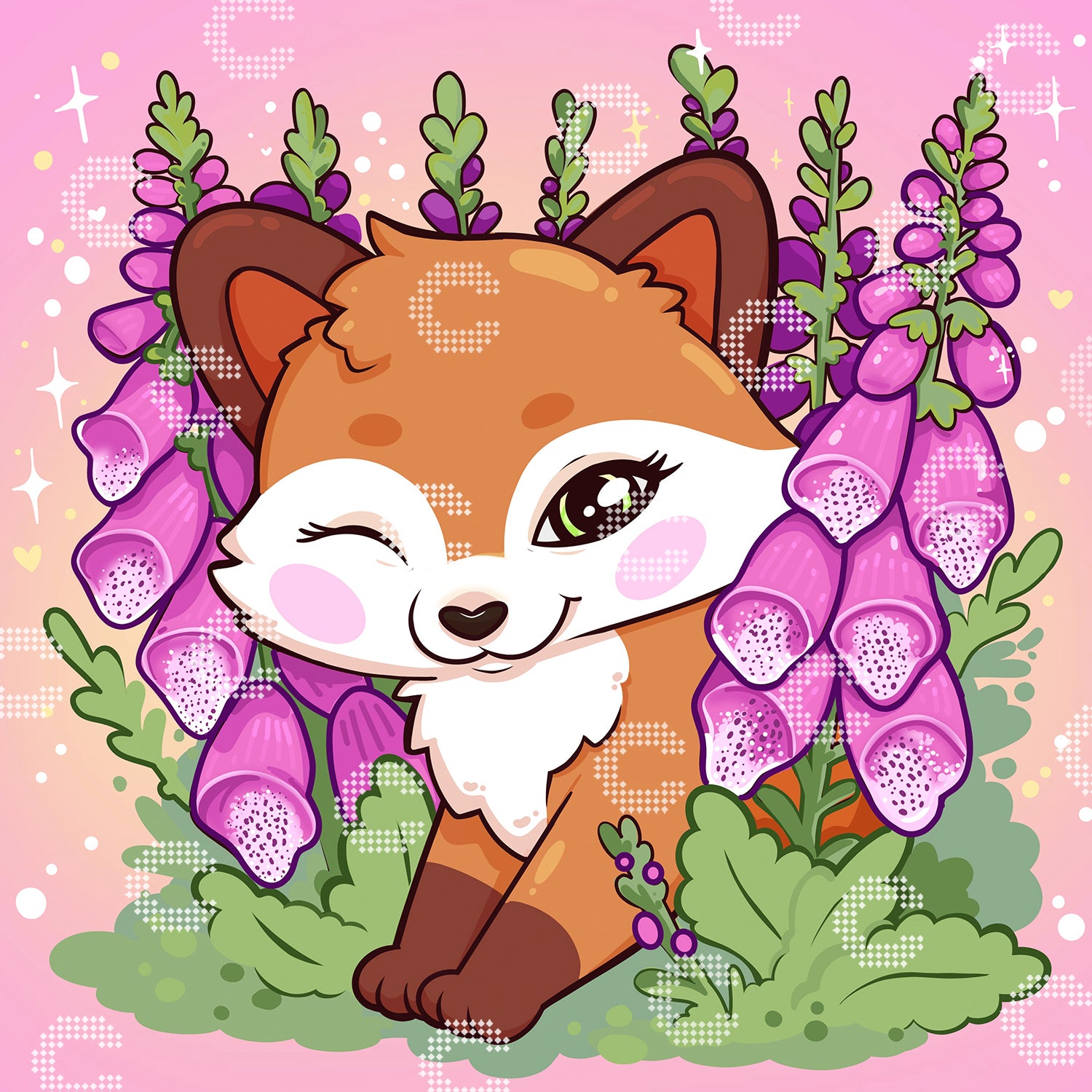 Diamond Painting kleiner Fuchs zwischen leuchtenden lila und pinken Fingerhutblüten als liebevolles Naturmotiv
