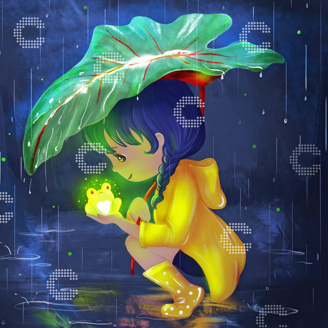 Diamond Painting kleines Mädchen im gelben Regenmantel mit leuchtendem Frosch unter einem Blätterschirm im nächtlichen Regen