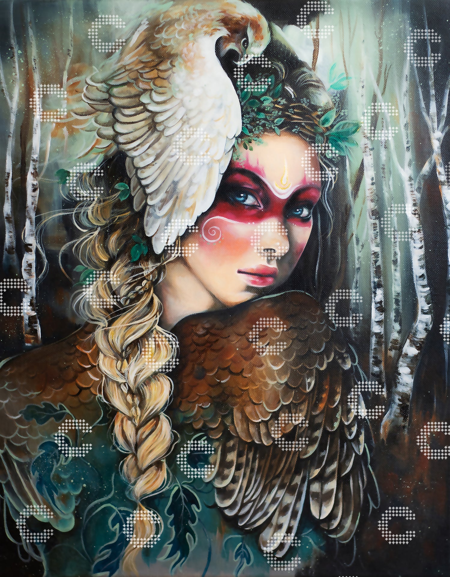 Diamond Painting Freya mit roter Maske und Falke auf der Schulter im geheimnisvollen Nebelwald aus Birken