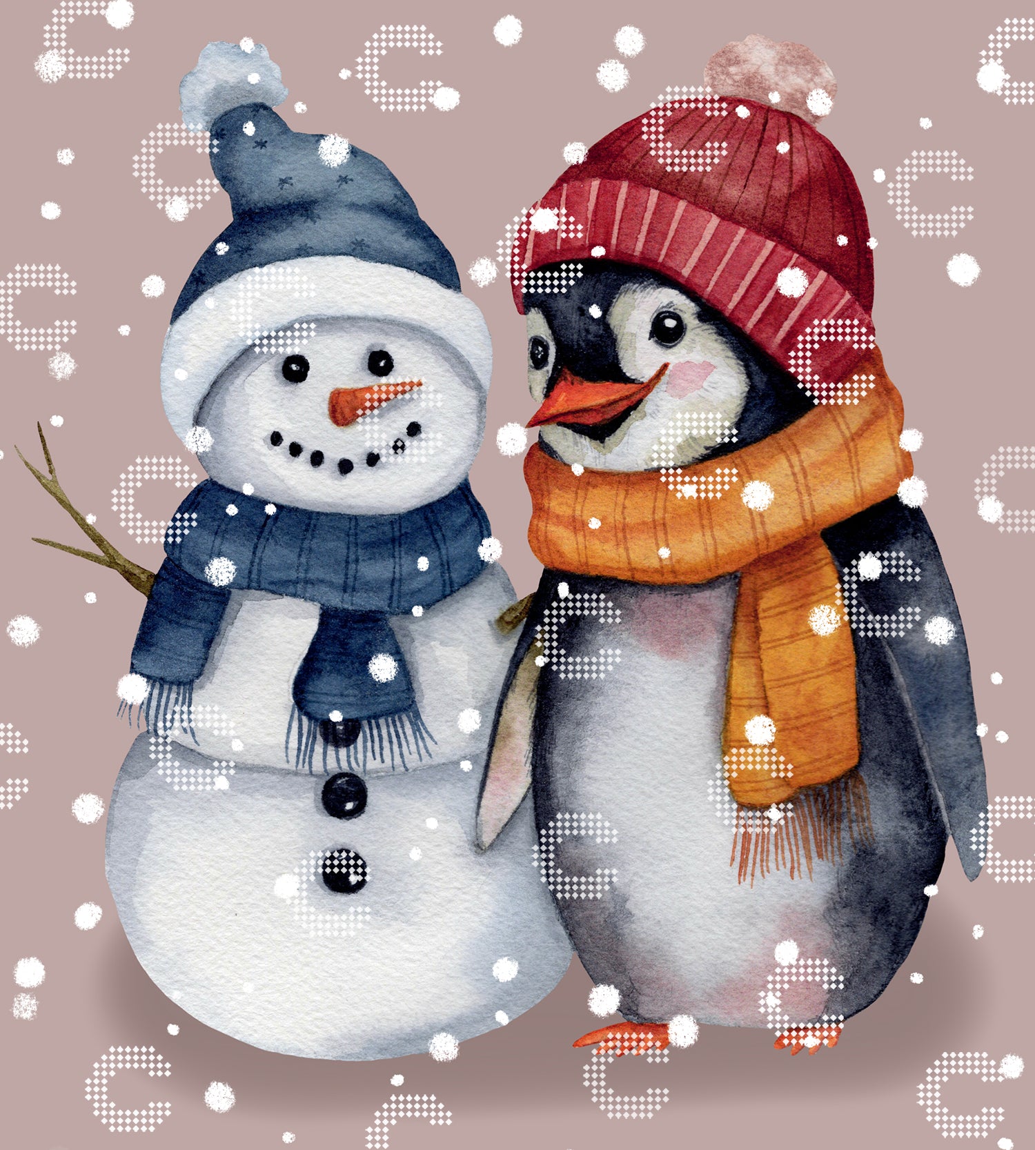 Diamond Painting mit einem kleinen Pinguin und einem kleinen Schneemann, die beide Schal und Mütze tragen, umgeben von tanzenden Schneeflocken