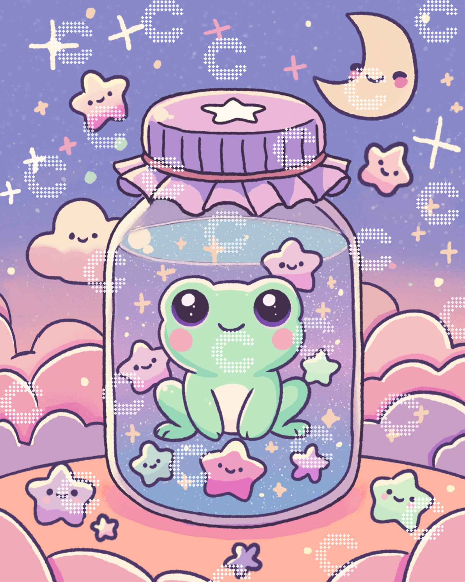 Diamond Painting Original-Motiv mit einem kleinen niedlichen Frosch in einem verschlossenen Glas, umgeben von kleinen Sternen mit Gesichtern, rosa Wolken, einem Mond und weiteren freundlich lächelnden Sternen