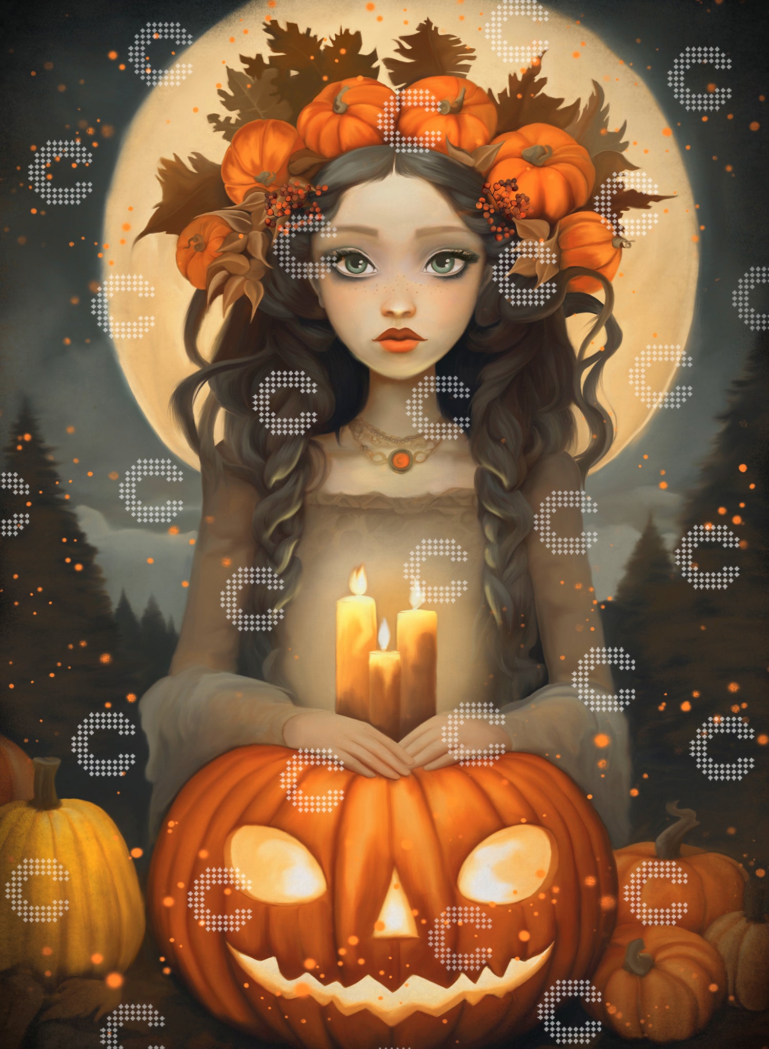 Diamond Painting Original-Kunstwerk eines Fantasy Portrait Motivs mit Vollmond, Kürbis, Kerzen und mystischer Halloween Landschaft