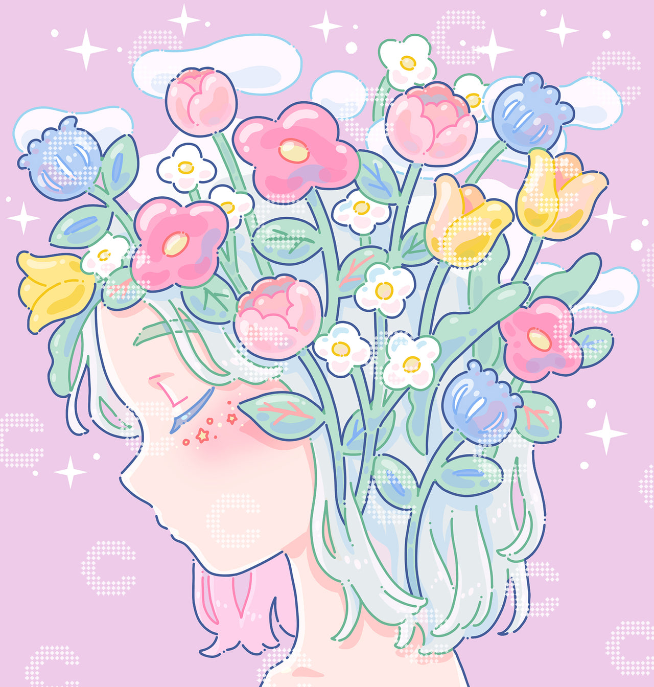 Diamond Painting von Hiroko mit seitlichem Mädchenportrait, verschiedenen Blüten und Blumen als Kopfschmuck vor rosa Wolkenhintergrund in sanften Pastellfarben