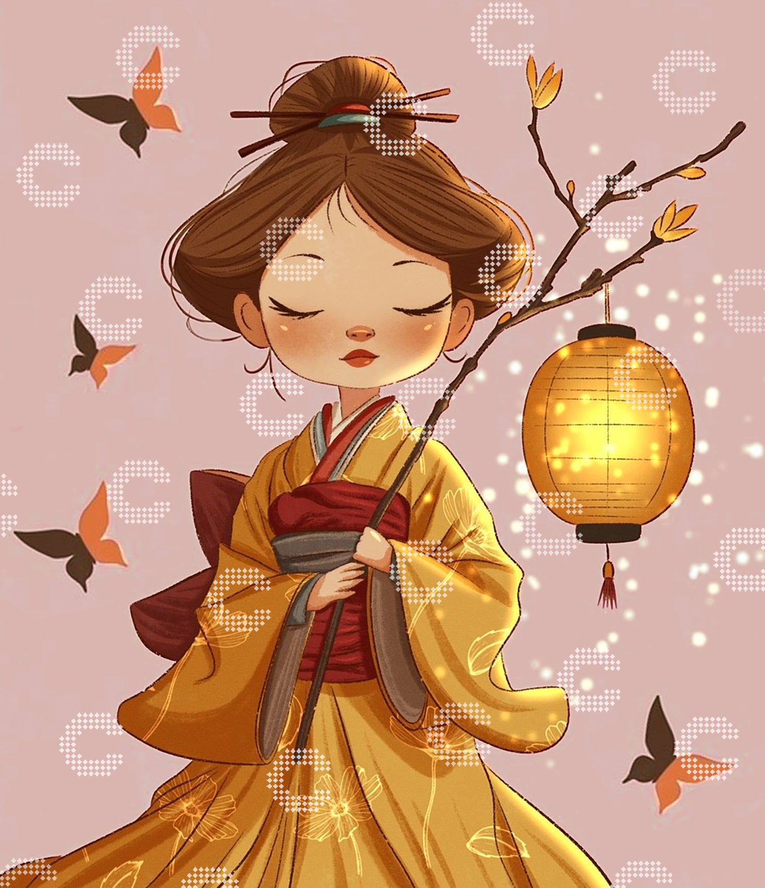 Diamond Painting Mädchen im gelben Kimono mit Laterne in der Hand und Schmetterlingen umgeben