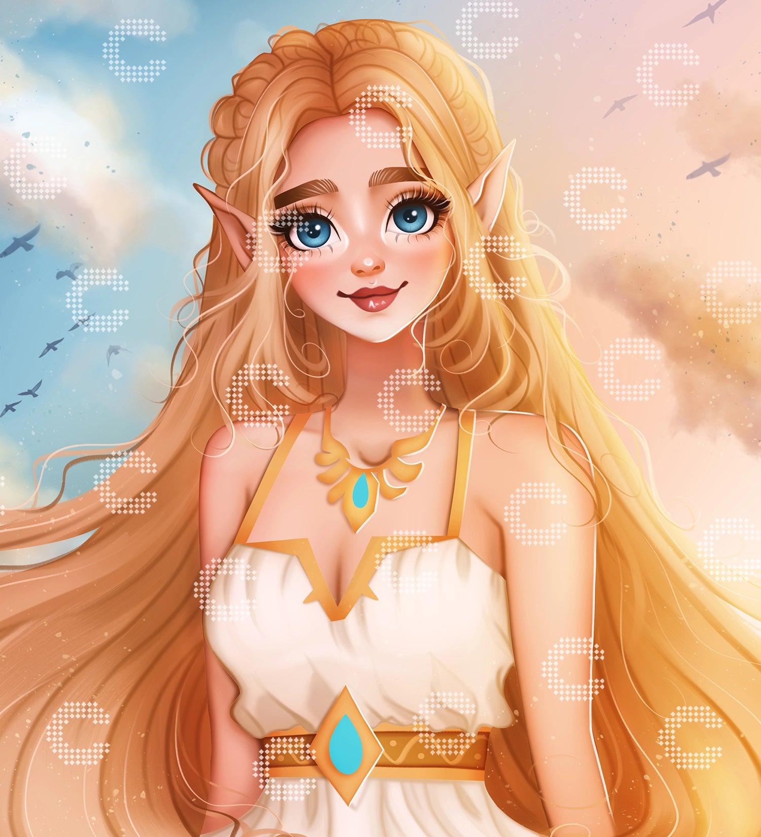 Diamond Painting einer jungen Frau mit langen goldenen Haaren und strahlend blauen Augen, in einem weißen Kleid mit goldenen Verzierungen, umgeben von Wolken und Vögeln am warmen goldenen Himmel