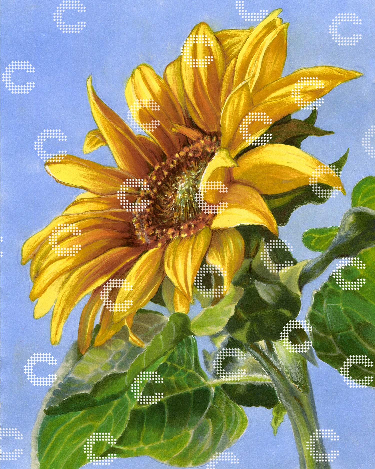 Diamond Painting Original-Bild mit einer strahlenden Sonnenblume vor einem endlosen blauen Himmel, leuchtend goldenen Blütenblättern und grünen Blättern