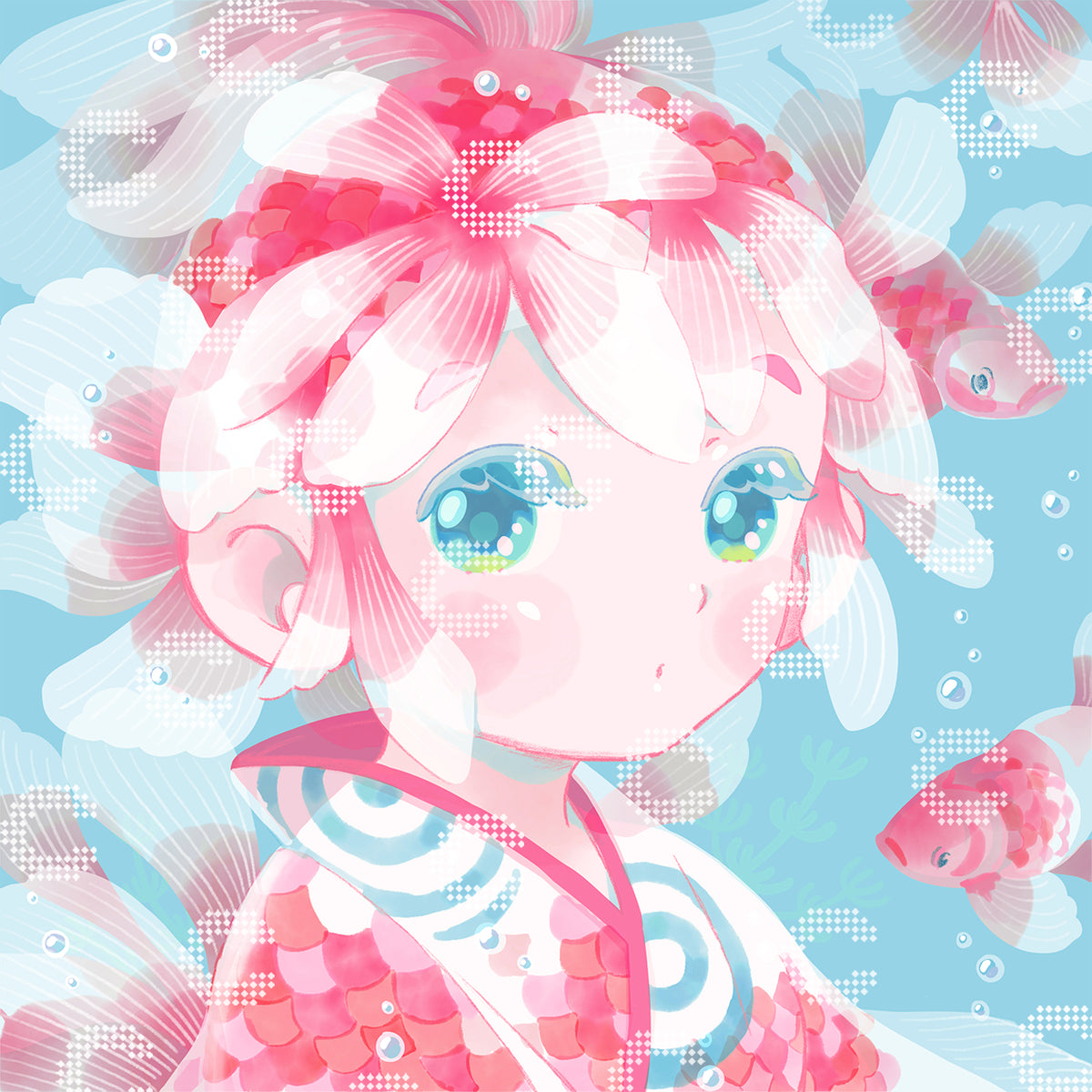 Traumhaftes Diamond Painting Motiv von Hiroko mit einem Mädchen im Kimono und flossenartigen Blüten auf dem Kopf in einer zauberhaften Unterwasserwelt, umgeben von Goldfischen in zarten Pastellfarben