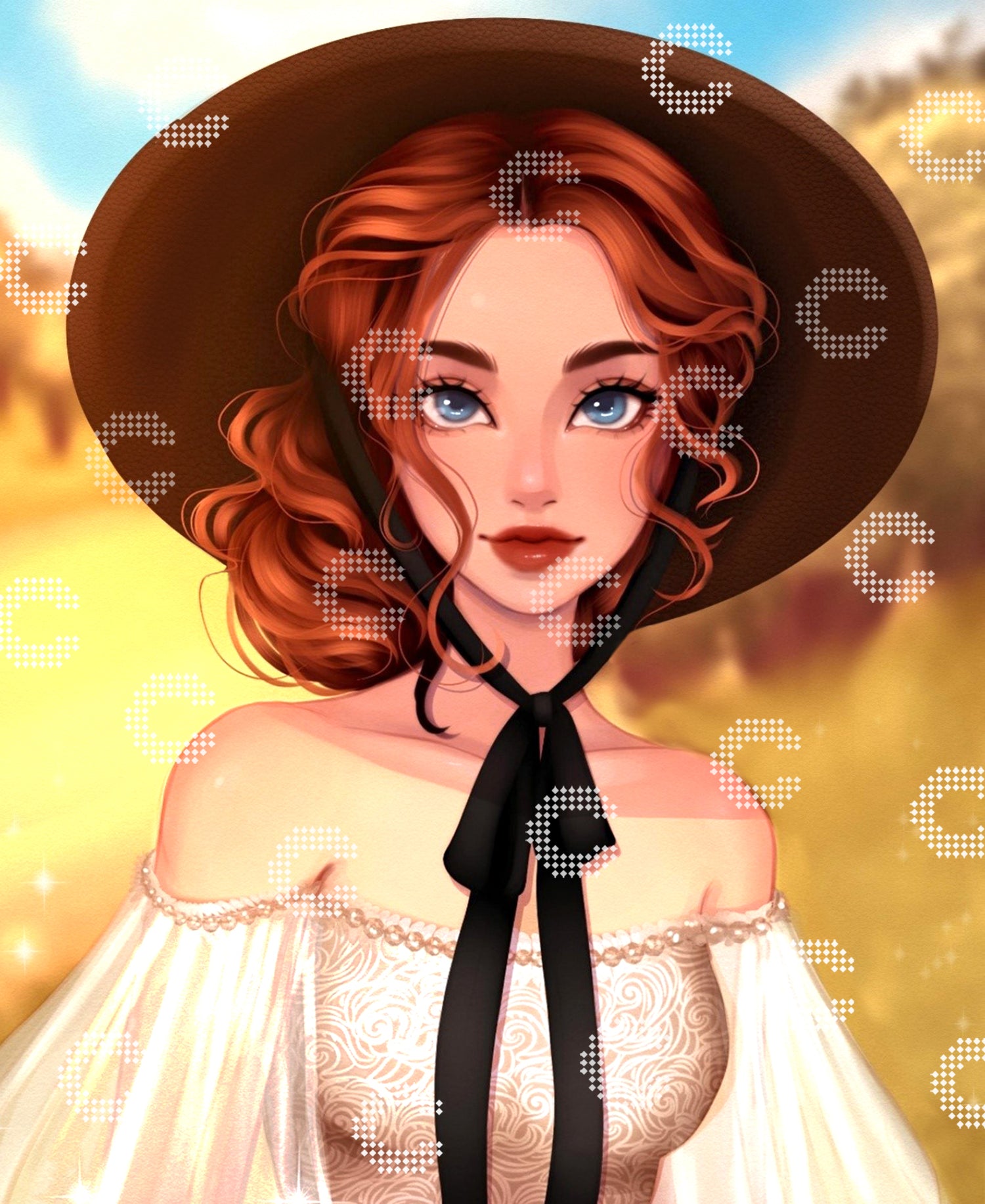 Diamond Painting Original-Kunstwerk mit junger Frau am Rand eines goldenen Feldes, ihren lockigen roten Haaren im Wind und einem zarten weißen Spitzenkleid unter einem großen dunklen Hut