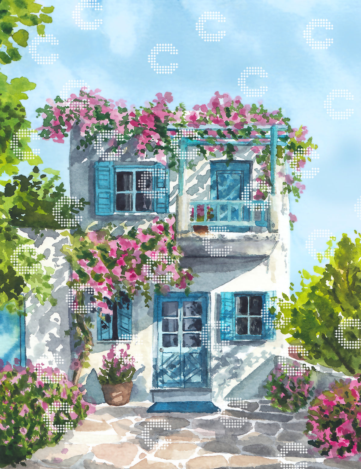 Diamond Painting Originalmotiv mit einem idyllischen weißen Häuschen mit blau-türkisen Fensterläden, umgeben von rosafarbenen Blüten und Bäumen mit blauem Himmel