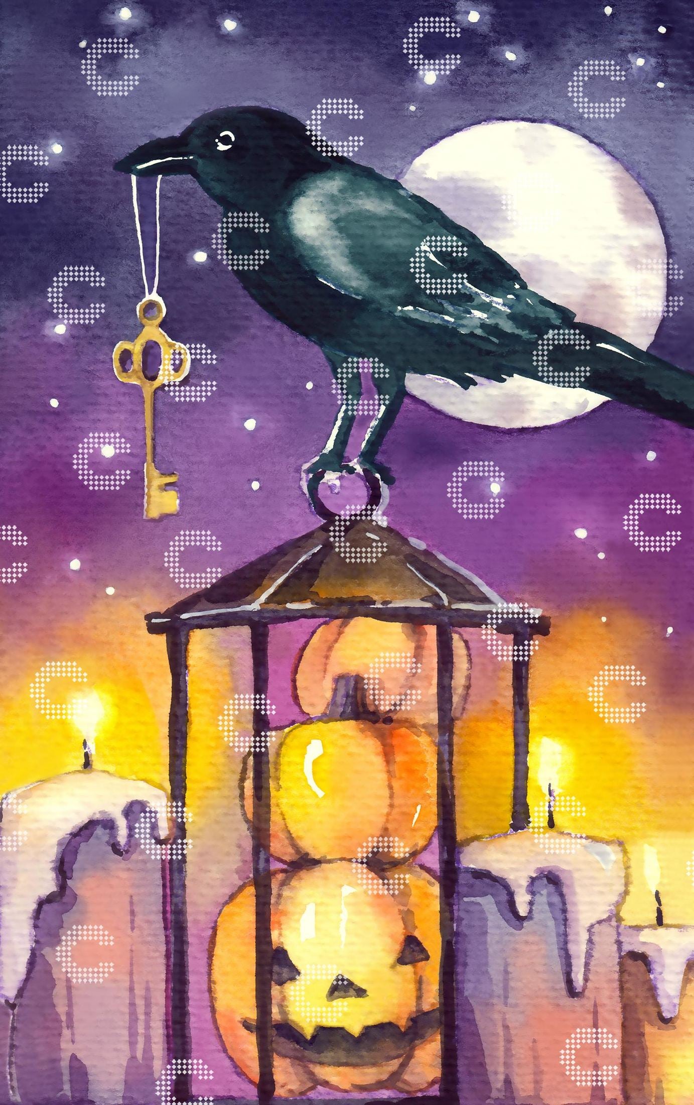 Diamond Painting Halloween Motiv mit Rabe, Kerzen. Kürbissen und nächtlicher Atmosphäre