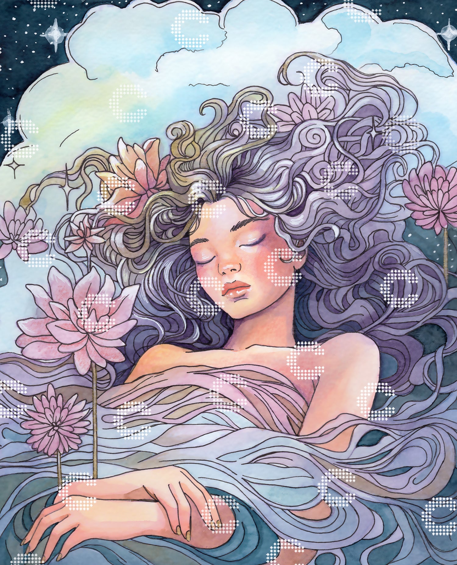 Diamond Painting schlafendes Mädchen mit wallendem Haar, leuchtenden Lotusblüten, Wolken und Sternen