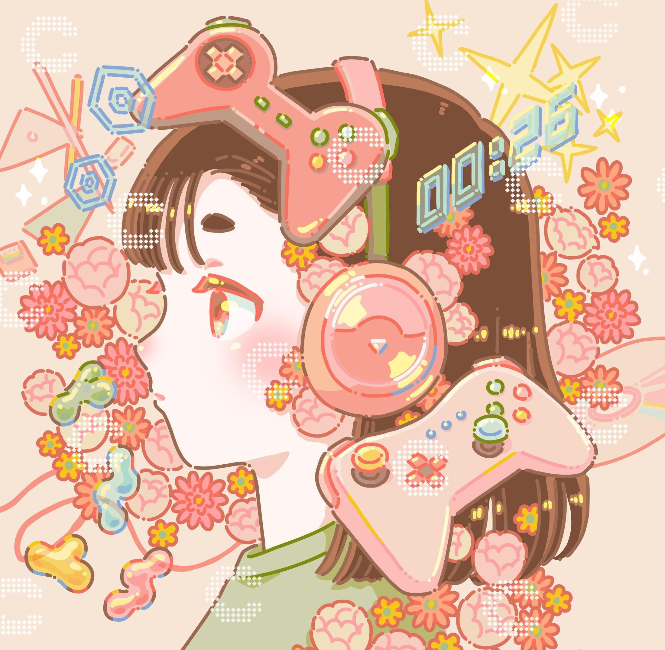 Diamond Painting von Hiroko mit Mädchen beim Gaming, Kopfhörern, Controllern und pastellfarbenem Blumenhintergrund