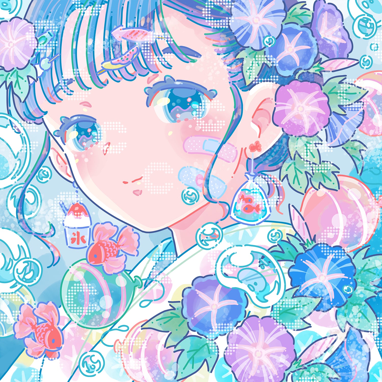 Diamond Painting Bild mit einem Hiroko Mädchenportrait, umgeben von lilafarbenen und blauen Blüten, schwebenden Luftblasen und Goldfischen in einer typisch japanisch inspirierten Atmosphäre