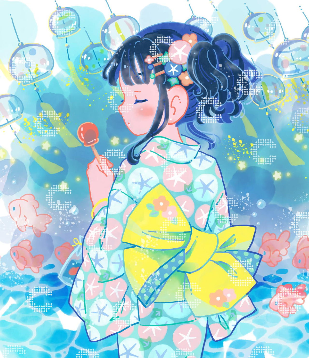 Diamond Painting von Hiroko mit Mädchen im traditionellen japanischen Gewand, leuchtenden Papierlaternen, Goldfischen und großer gelber Schleife am Rücken