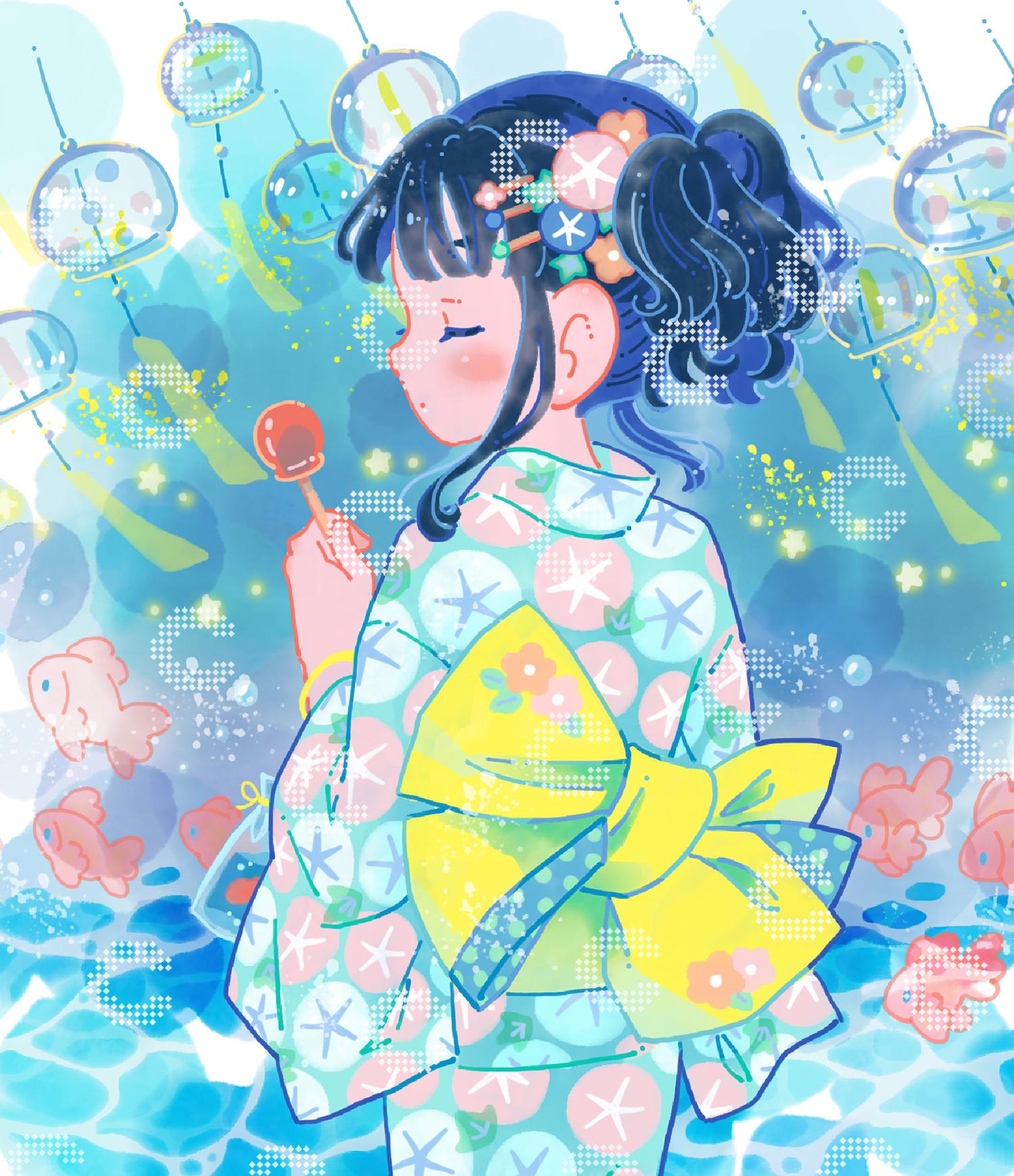 Diamond Painting von Hiroko mit Mädchen im traditionellen japanischen Gewand, leuchtenden Papierlaternen, Goldfischen und großer gelber Schleife am Rücken