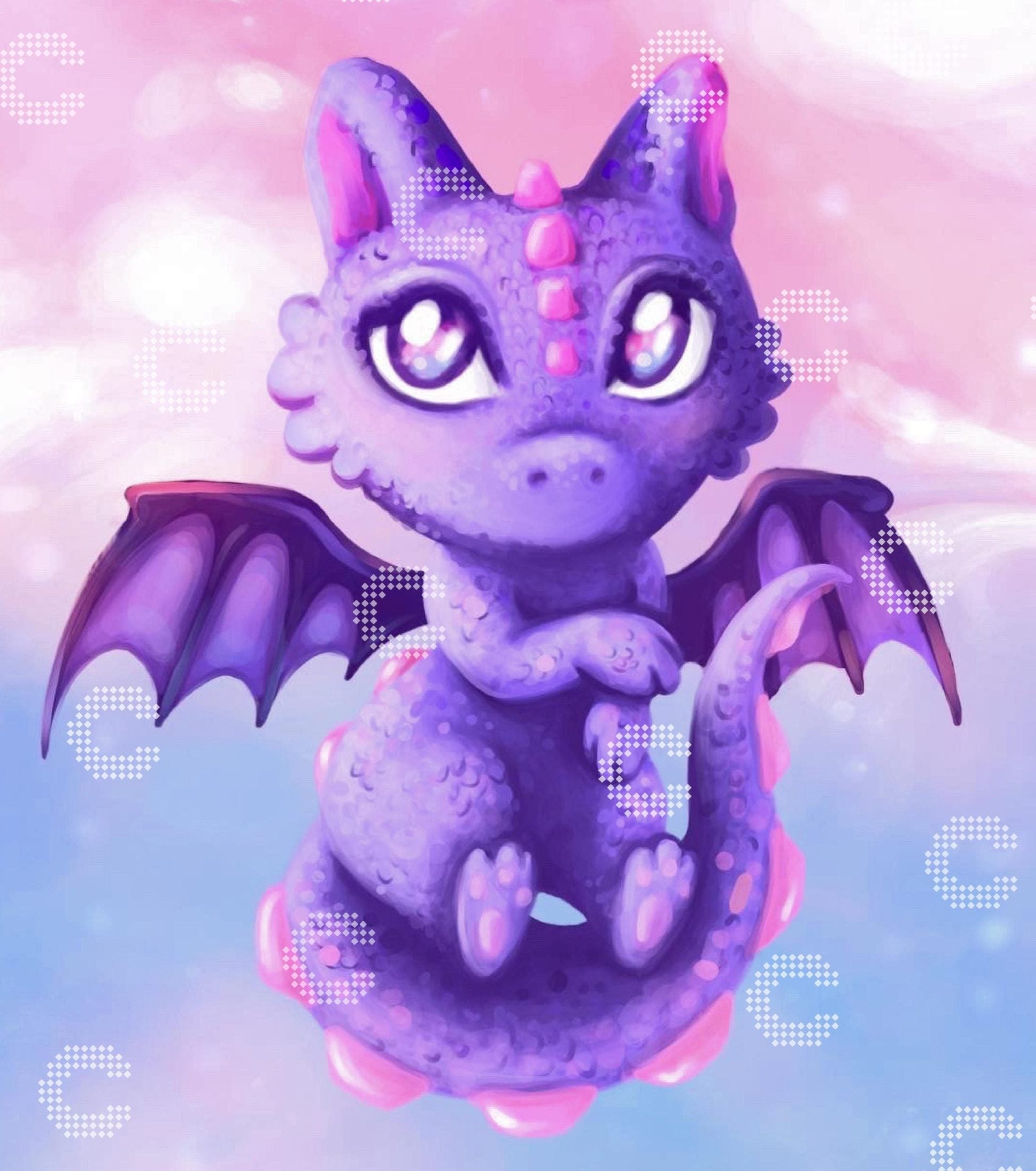 Diamond Painting kleiner lila Drache mit Flügeln vor einem rosa-blauen Himmel als niedliches Fantasy Motiv