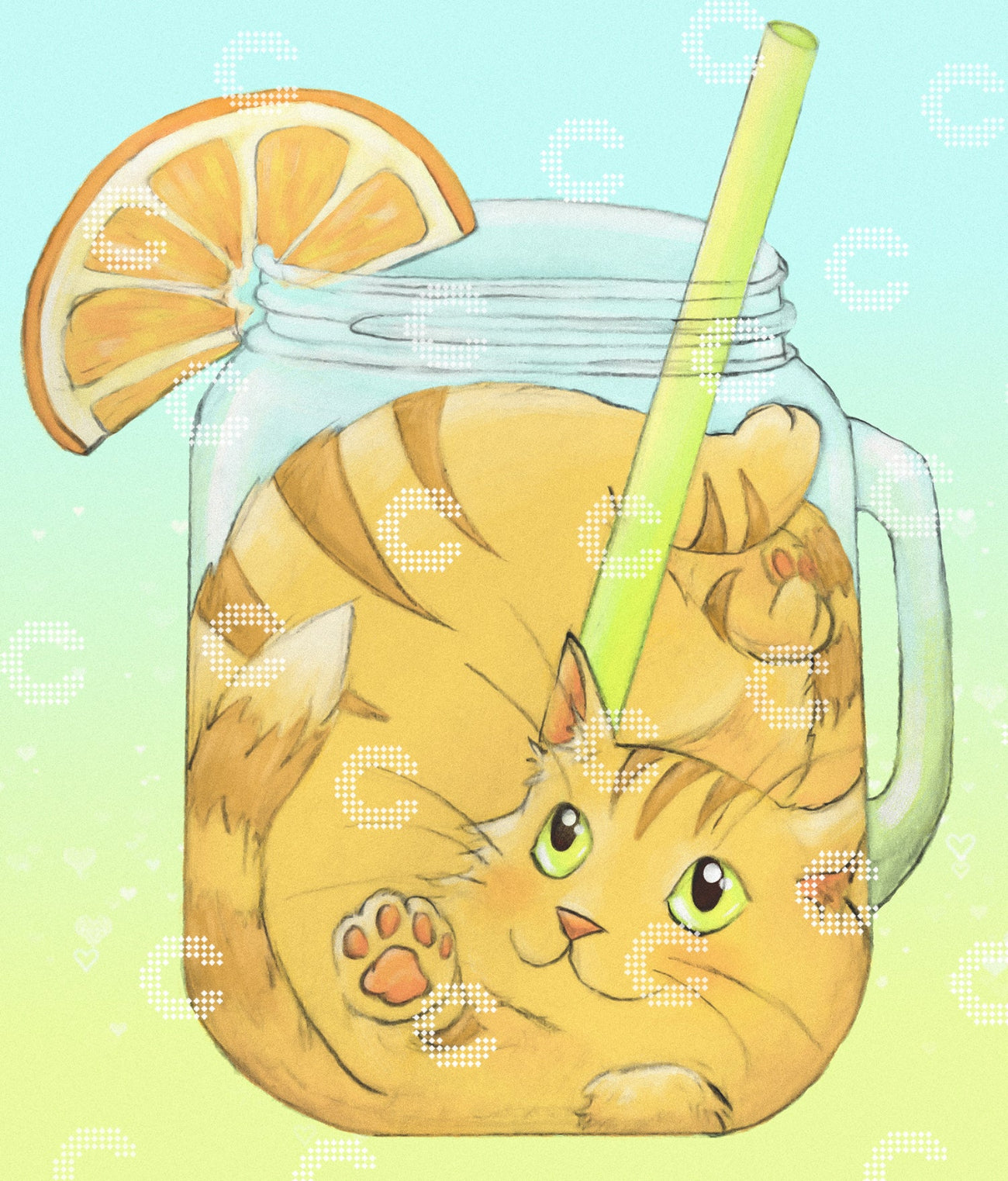 Diamond Painting orangefarbene Katze eingerollt in einem Krug Orangensaft mit Orangenscheibe und Strohhalm als niedliches Kawaii Motiv
