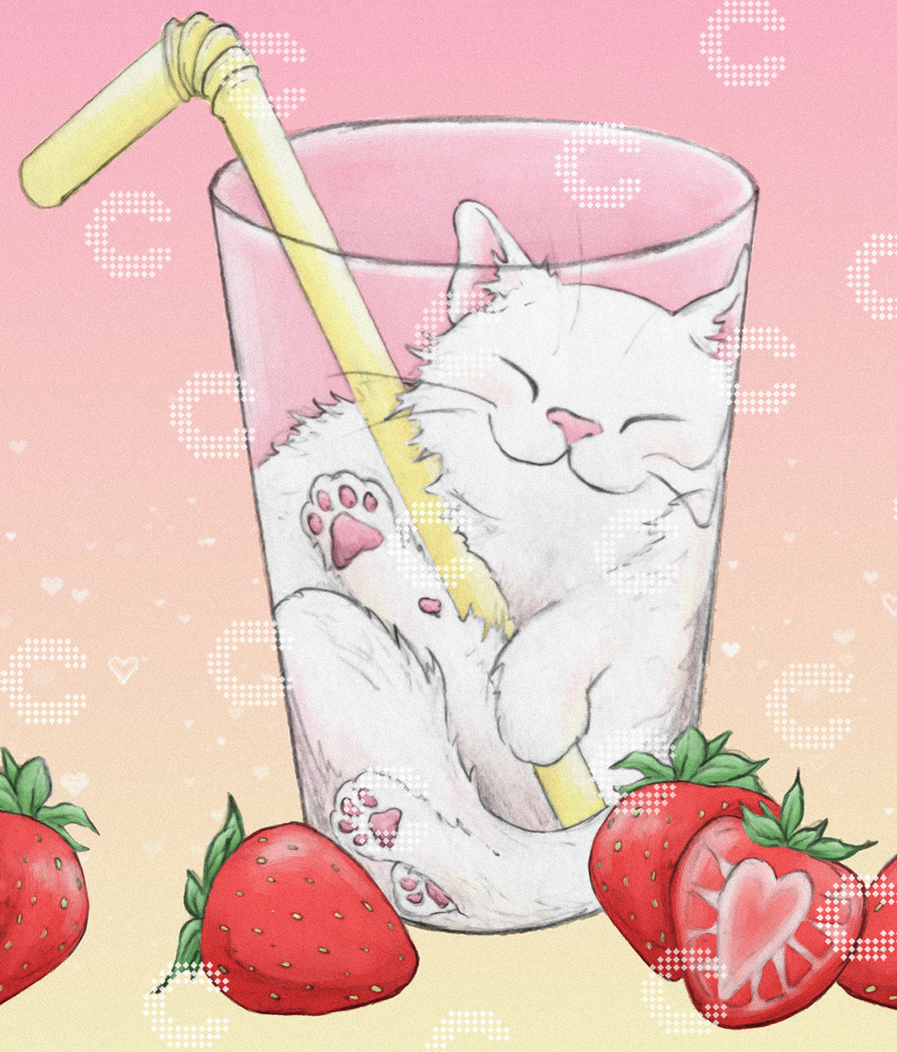 Diamond Painting flauschiges weißes Kätzchen schlafend in einem Glas Erdbeermilch, umgeben von frischen Erdbeeren, als niedliches Kawaii Motiv