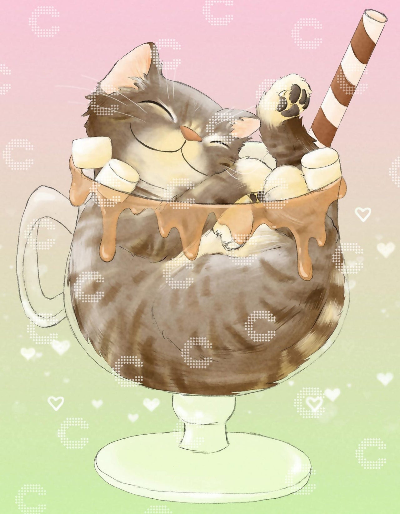 Diamond Painting getigertes Kätzchen in einem Eisbecher mit Karamellsauce und Marshmallows als niedliches Dessert Motiv