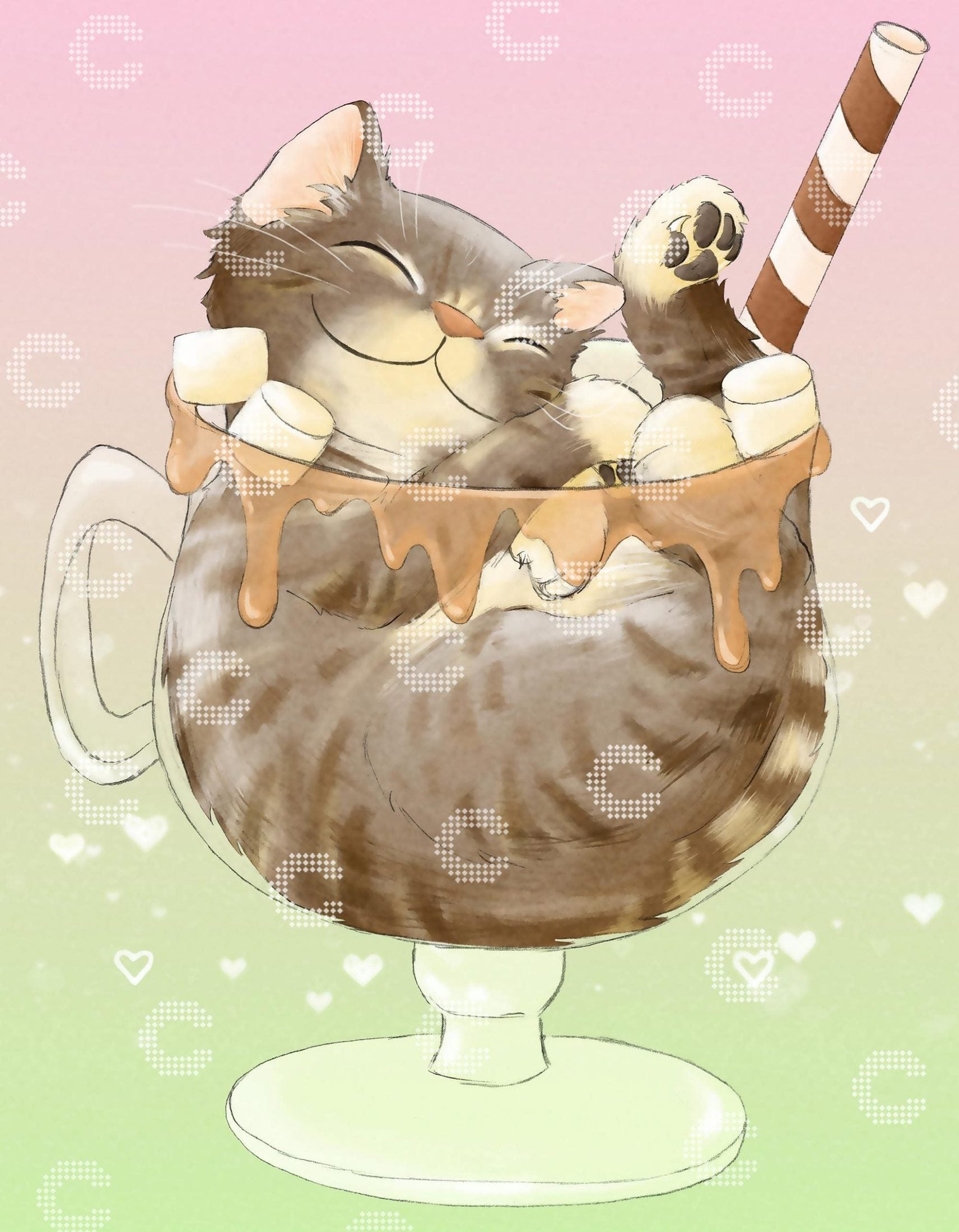 Diamond Painting getigertes Kätzchen in einem Eisbecher mit Karamellsauce und Marshmallows als niedliches Dessert Motiv