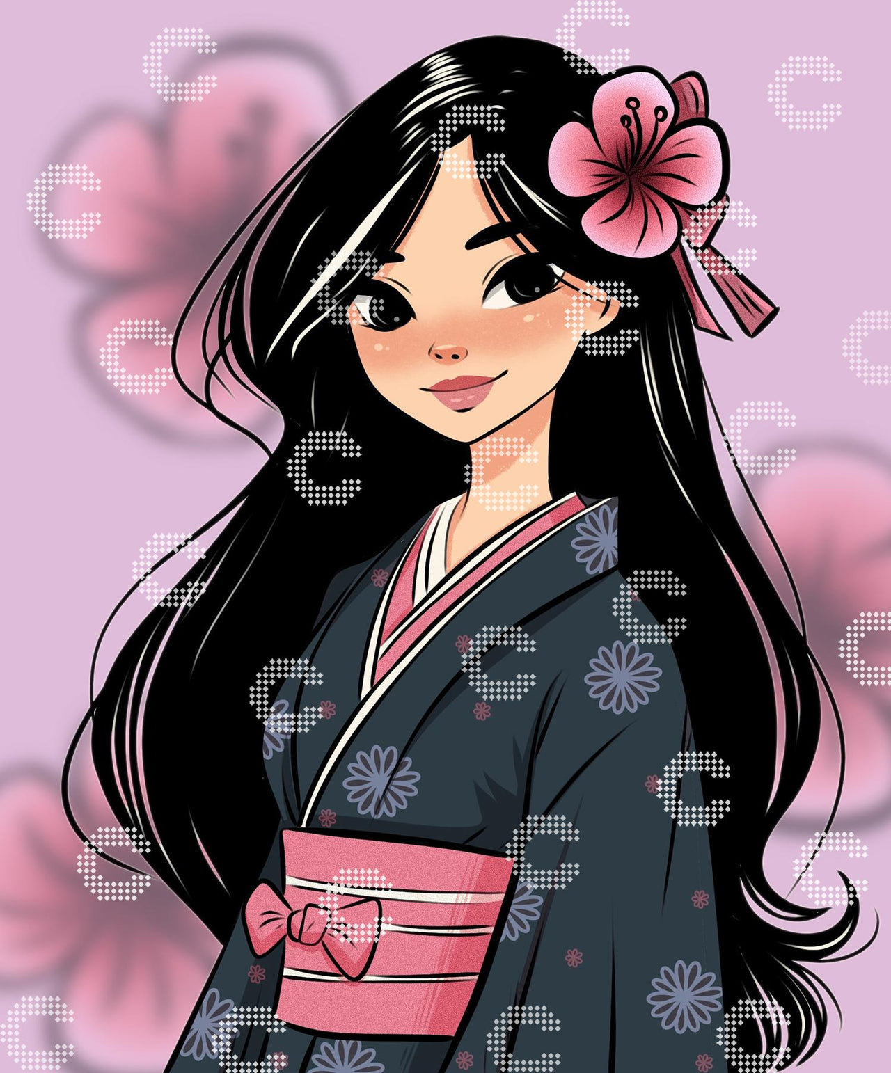Diamond Painting Mädchen im japanischen Kimono mit langen schwarzen Haaren, pinker Blüte und Schleife
