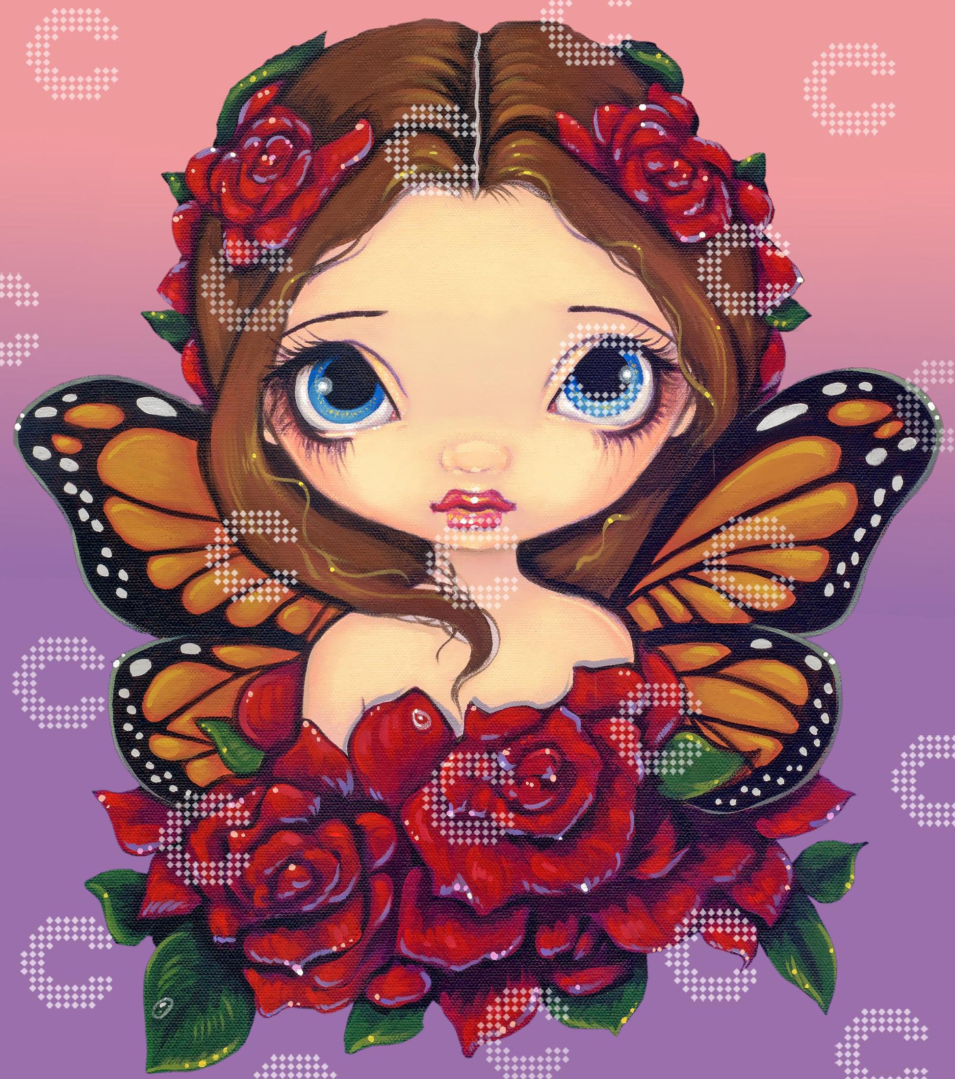 Diamond Painting kleine Schmetterlingsfee mit großen blauen Augen, umgeben von dunkelroten Rosen