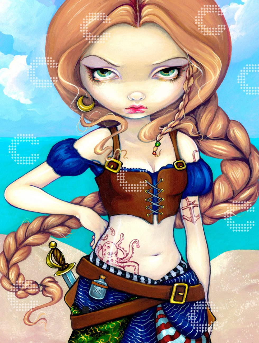 Diamond Painting selbstbewusste Piratin mit Säbel, nautischen Tattoos und wallendem Zopf an einem karibischen Strand