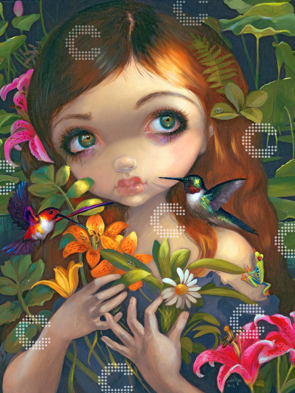 Diamond Painting Mädchen mit großen Augen im Urwald, umgeben von Blättern, Blüten, Kolibris und einem kleinen Frosch