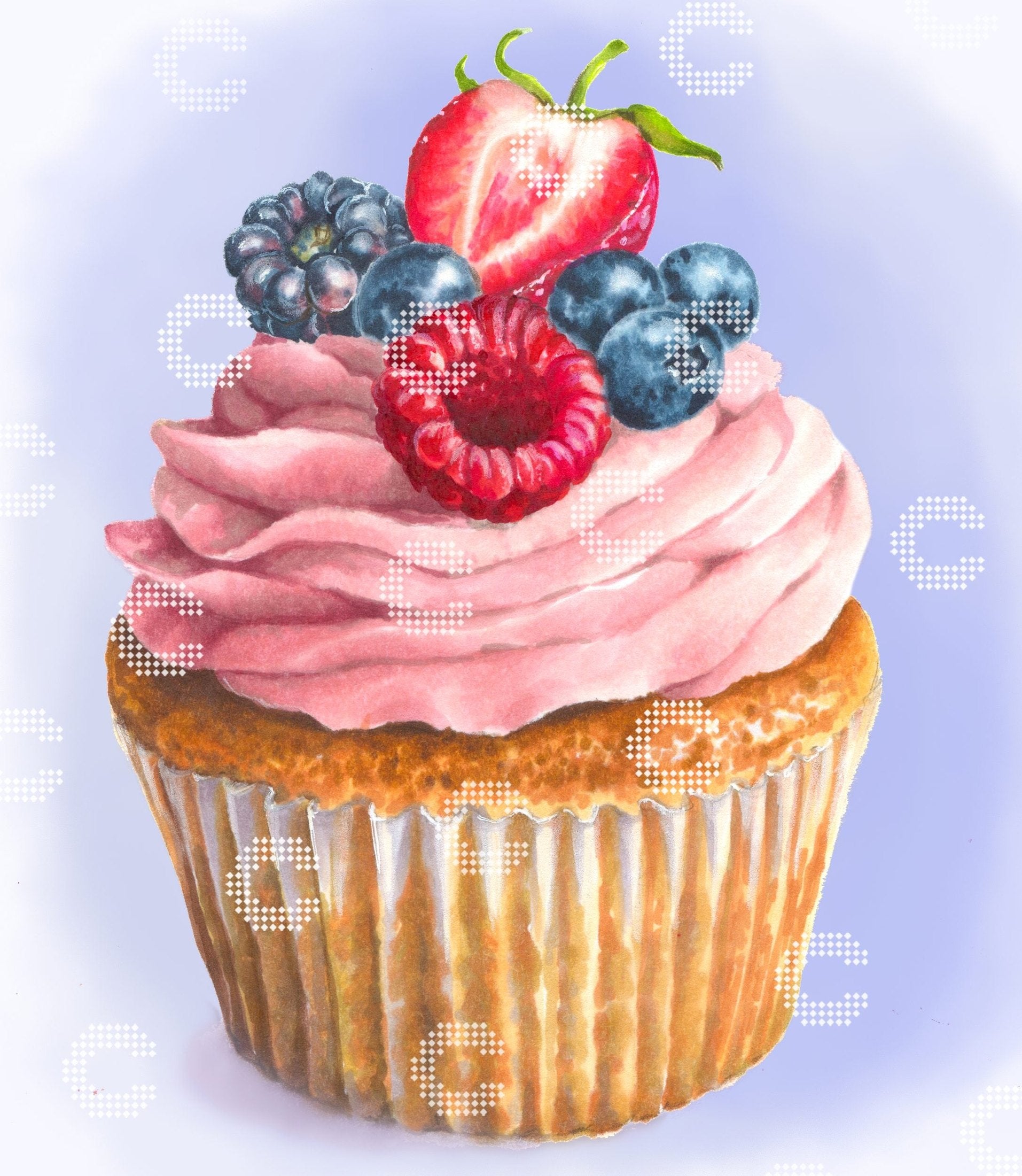 Diamond Painting köstlicher Cupcake mit rosa Creme und frischen Beeren als detailreiches Dessert Motiv