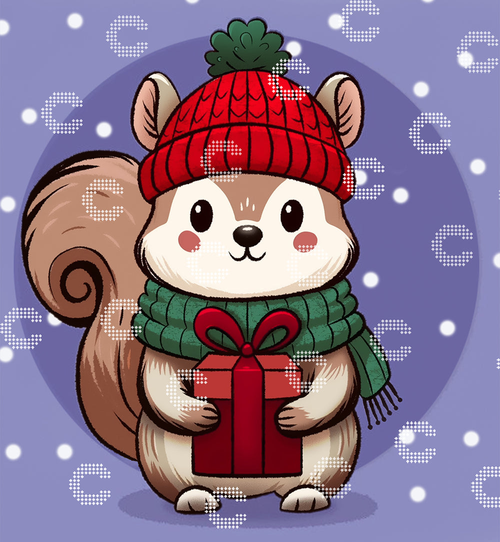 Diamond Painting niedliches Eichhörnchen mit roter Weihnachtsmütze, grünem Schal und Geschenk in der Hand umgeben von Schneeflocken