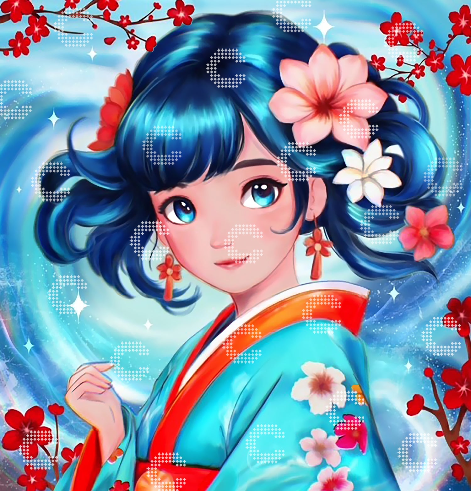 Diamond Painting Mädchen im Kimono mit Blumen im Haar vor einer großen Welle, umgeben von roten Blütenzweigen