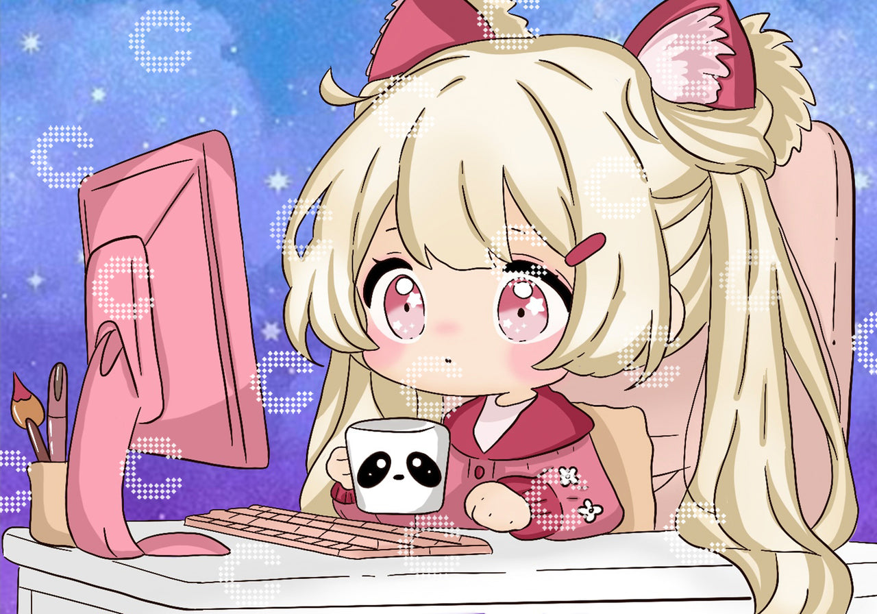 Diamond Painting Kawaii Mädchen mit Schleife, Panda-Tasse und Computer