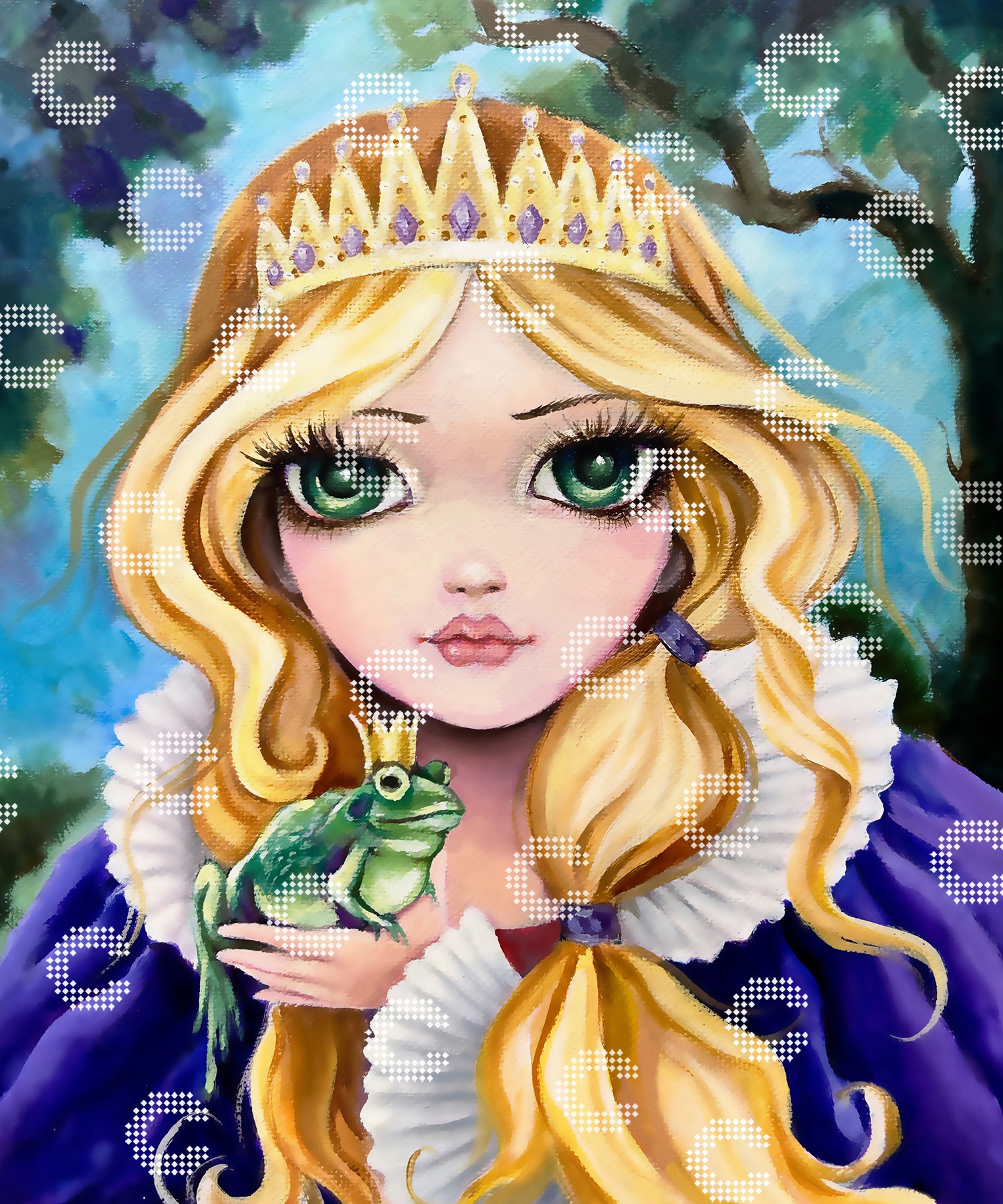 Diamond Painting Original-Kunstwerk einer kleinen Prinzessin mit blonden Haaren und Diadem, die einen blauen Umhang trägt und den Froschkönig auf ihrer Hand hält