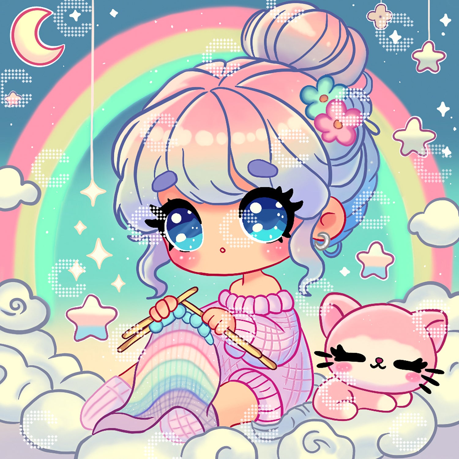 Diamond Painting Mädchen auf Wolke mit Regenbogen, Mond, Sternen und rosa Katze beim Stricken