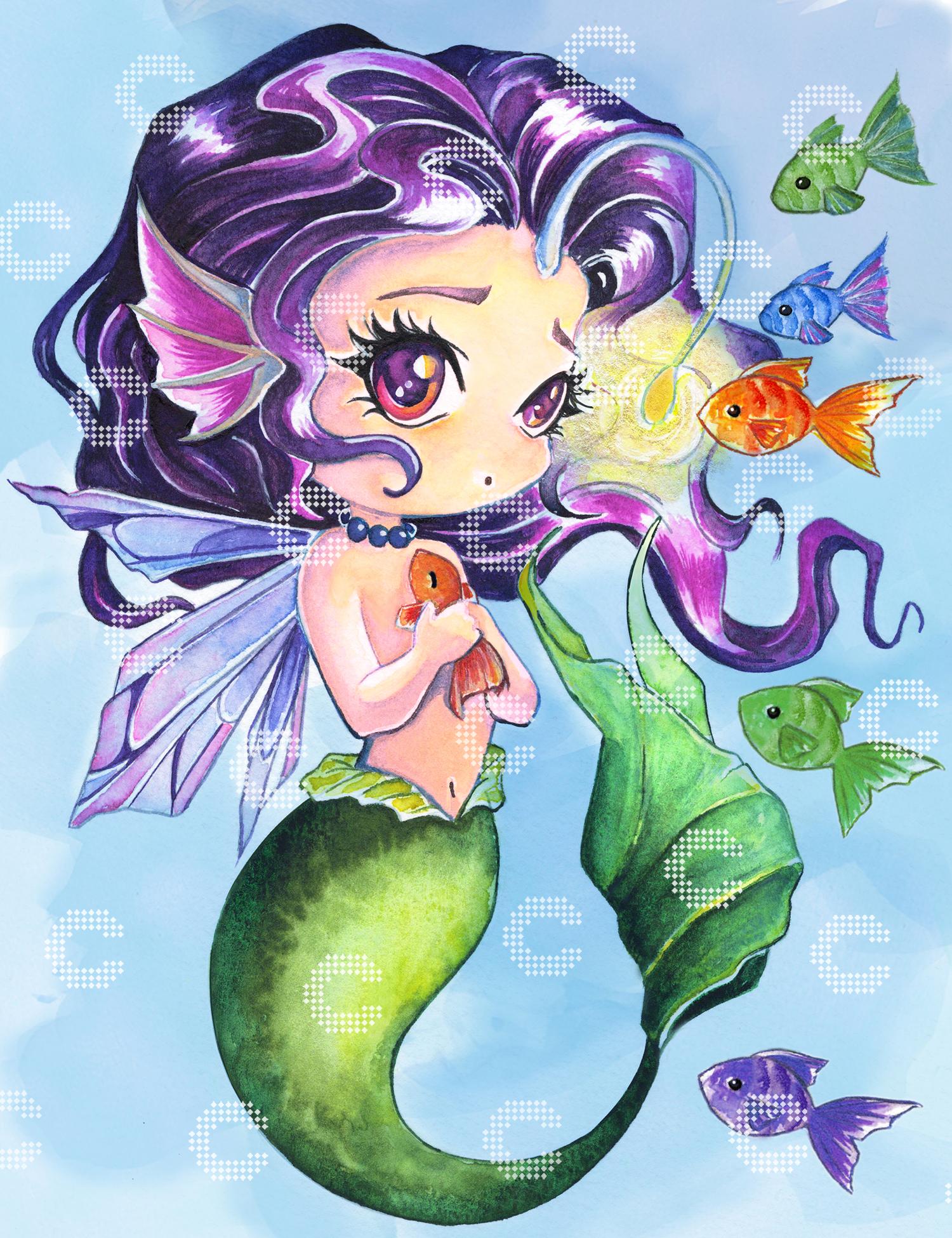Diamond Painting kleine Tiefsee-Nixe mit leuchtender Anglerfisch-Laterne und einem Goldfisch in den Händen als magisches Unterwasser Fantasy Motiv