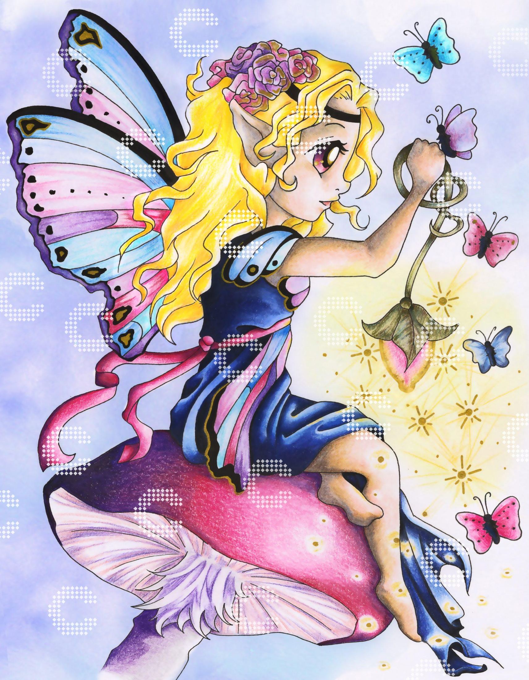 Diamond Painting kleine Schmetterlingsfee mit Flügeln, Blumen im blonden Haar und Blütenlampe auf einem magischen Pilz