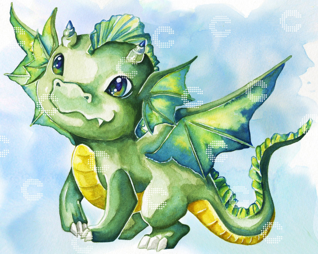 Diamond Painting kleiner niedlicher grüner Drache als zauberhaftes Fantasy Motiv