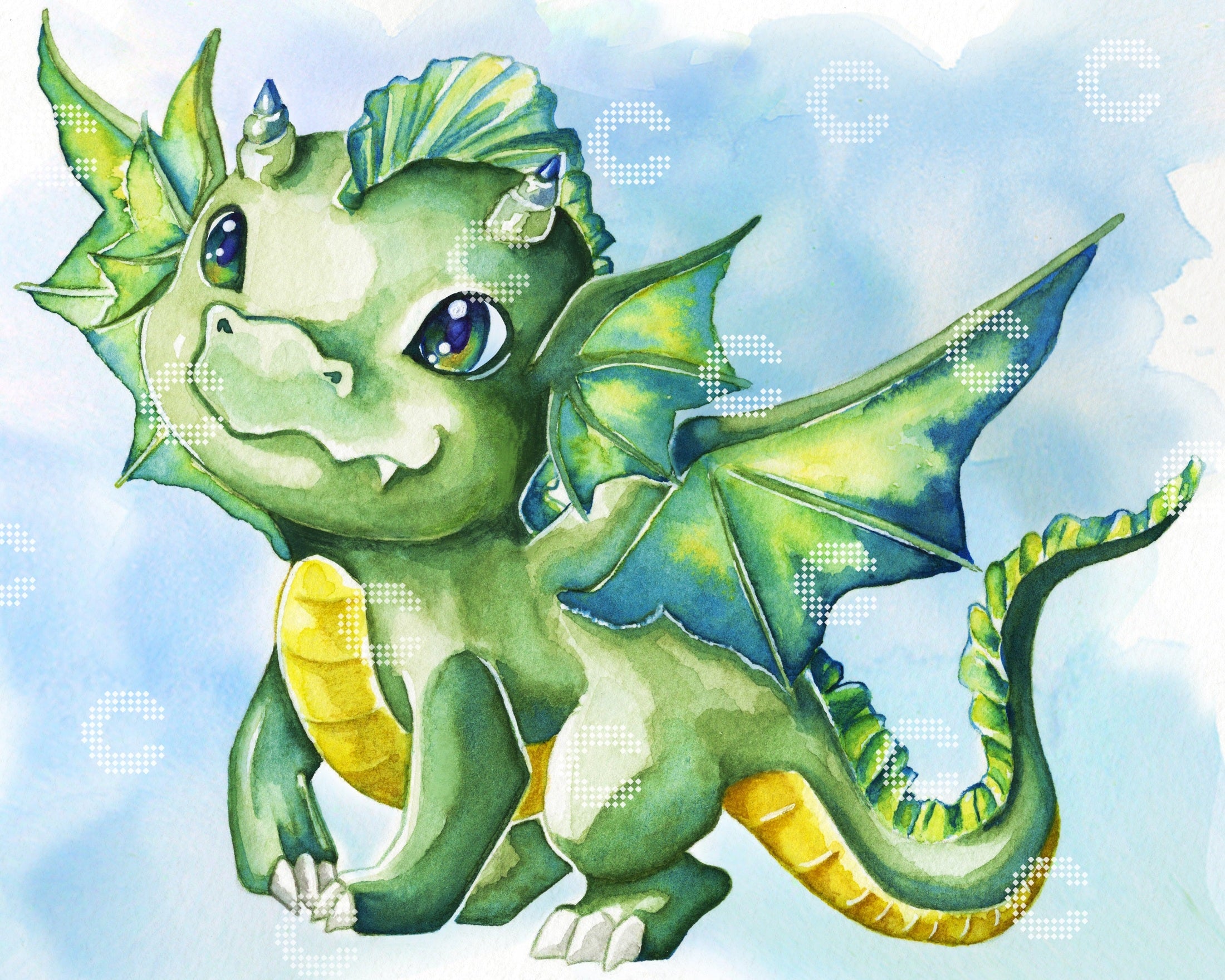 Diamond Painting kleiner niedlicher grüner Drache als zauberhaftes Fantasy Motiv